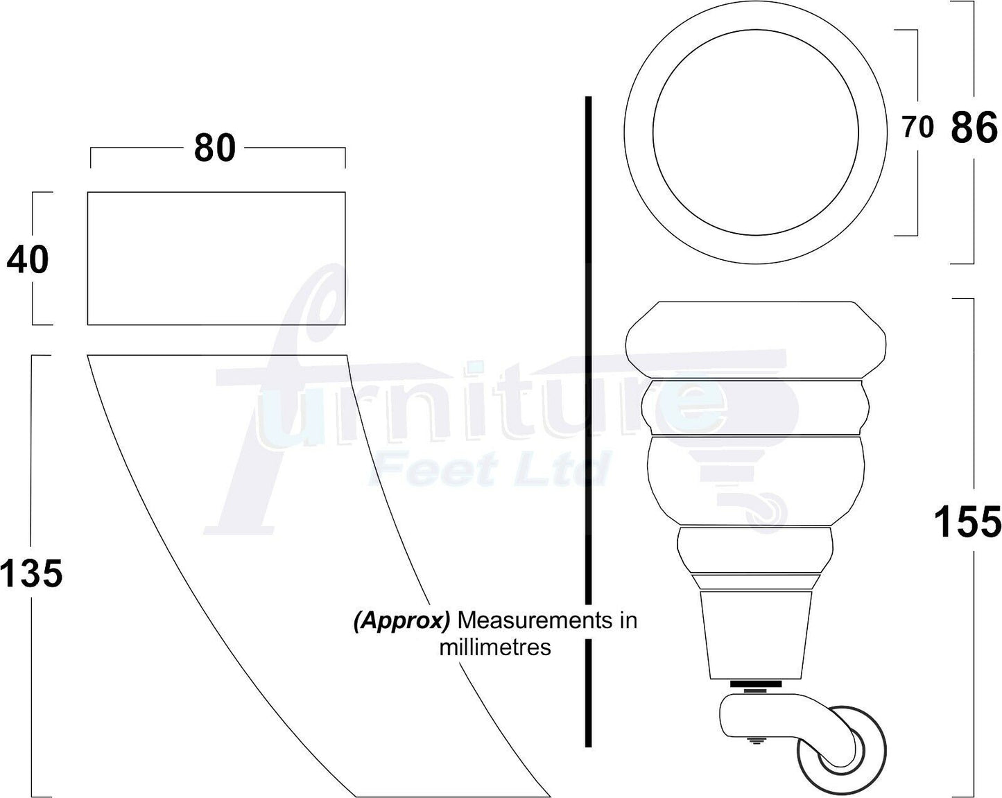 Turned Natural Wood Furniture Feet 2 With Castors 155mm and 2 Curved Back Legs Sofas Chairs Stools Cabinets Beds M8 6 Inches