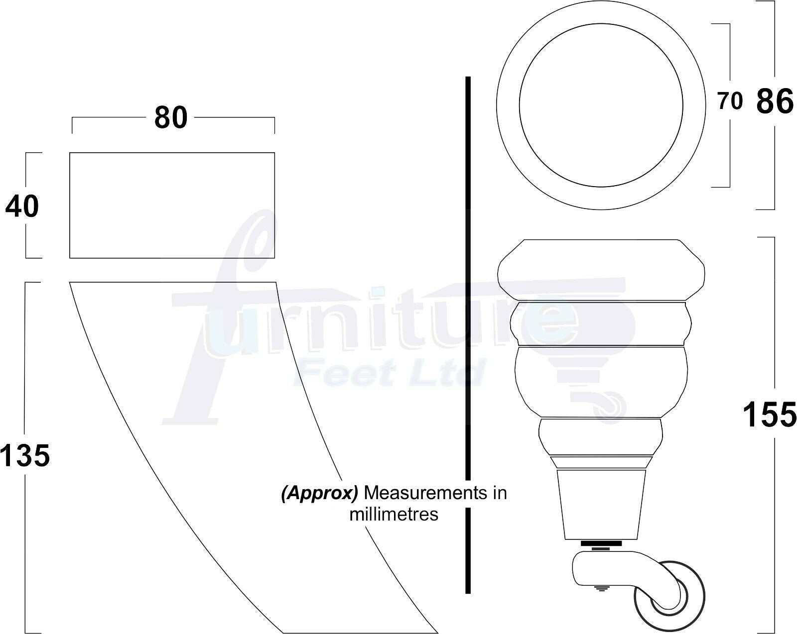 Turned Natural Wood Furniture Feet 2 With Castors 155mm and 2 Curved Back Legs Sofas Chairs Stools Cabinets Beds M8 6 Inches