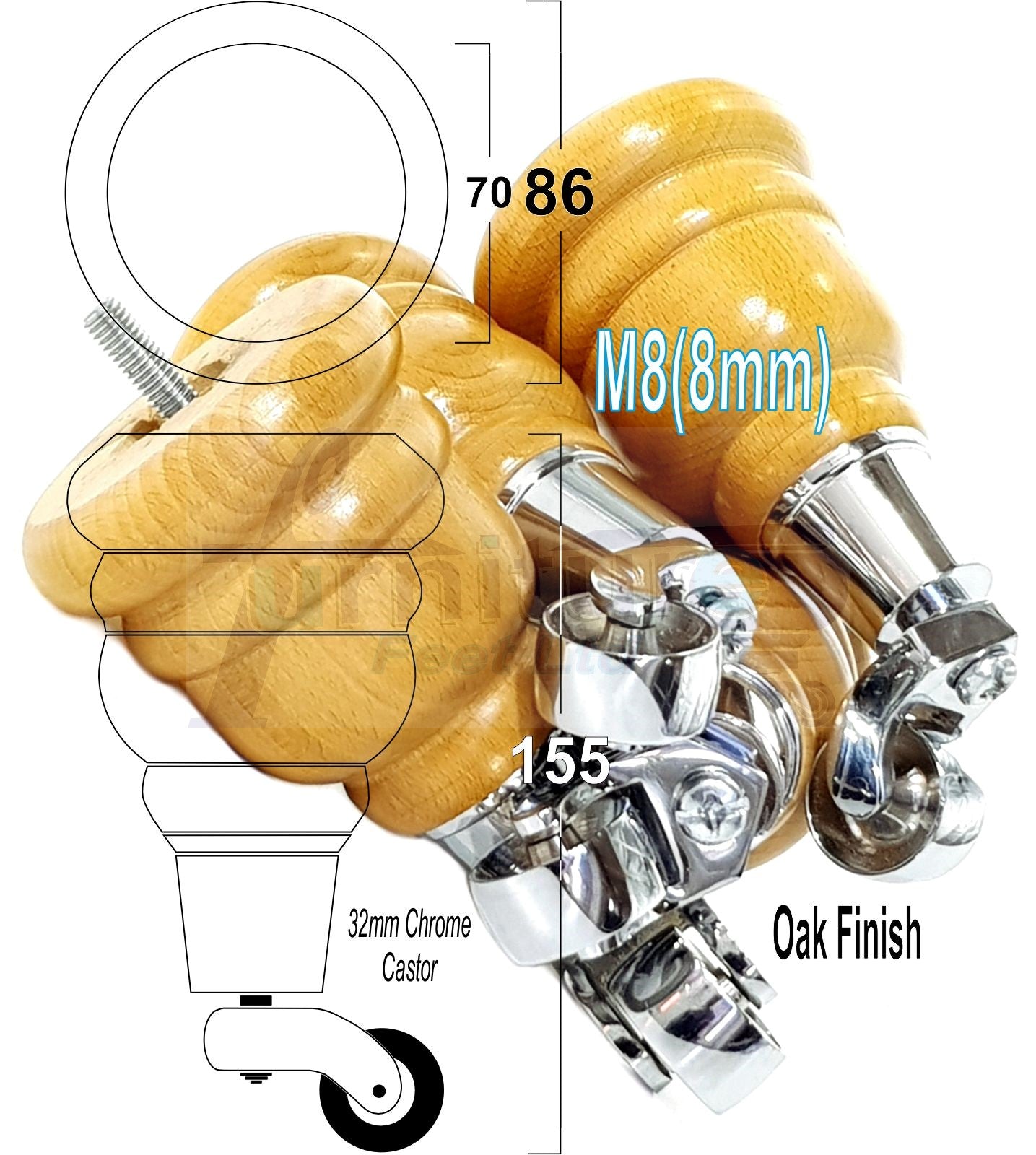 4 Turned Wood Furniture Feet With Chrome Castors 155mm Legs Sofas Chairs Stools Cabinets Beds M8 6 Inches