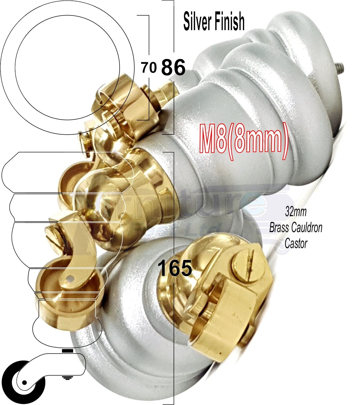4 Turned Wood Furniture Feet With Brass Cauldron Castors 160mm Legs Sofas Chairs Stools Cabinets Beds M8 6 Inches