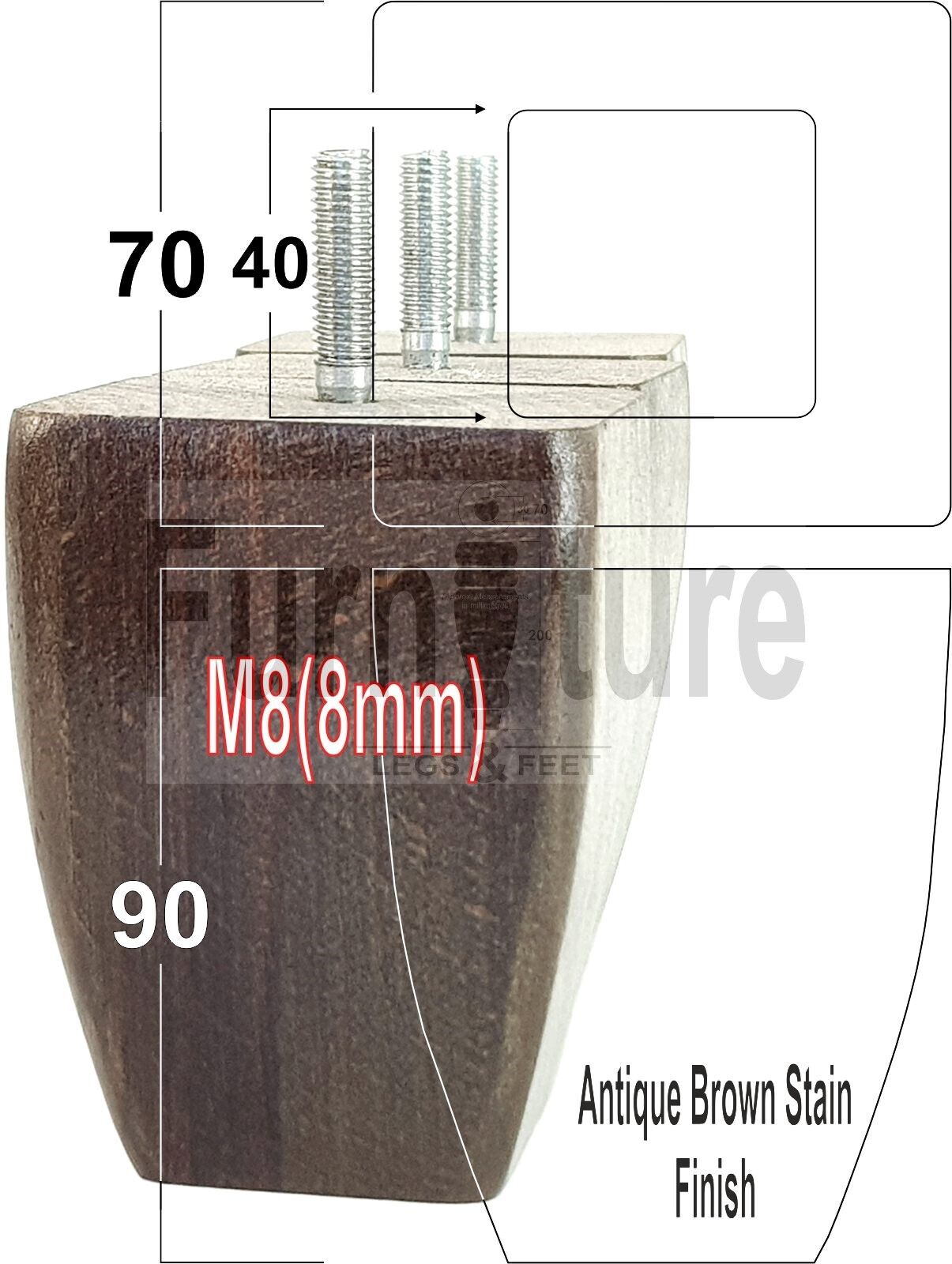 Set Of 4 Solid Wooden Block Furniture Feet Replacement Legs 90mm High M8(8mm)