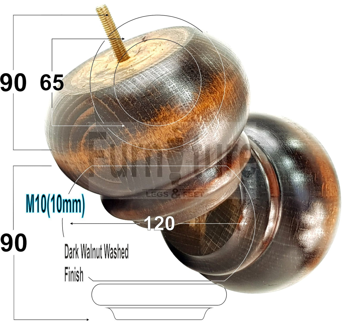  4 Turned Wooden Furniture Legs Replacement Feet 50mm High 10mm Thread For Settees, Chairs