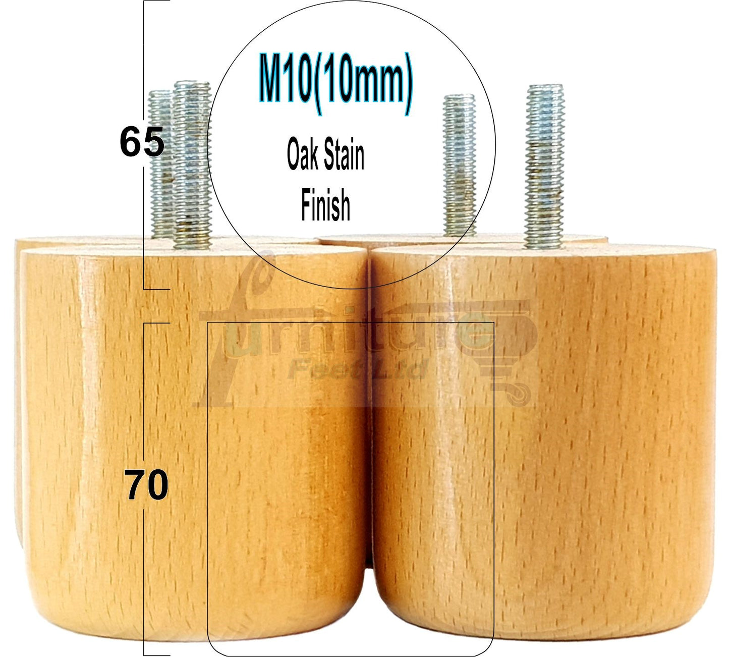 4x Solid Wood Turned Furniture Legs Replacement Bun Feet 70mm High 10mm Thread