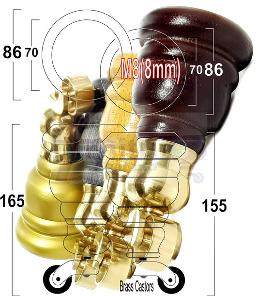 4 Turned Wood Furniture Feet With Brass Cauldron Castors 160mm Legs Sofas Chairs Stools Cabinets Beds M8 6 Inches