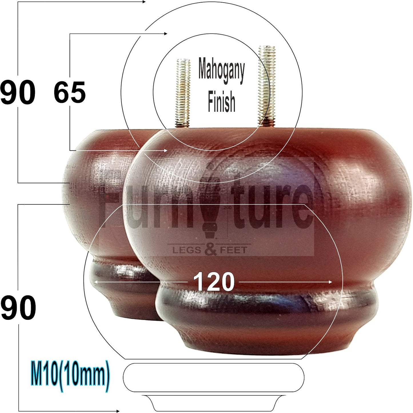  4 Turned Wooden Furniture Legs Replacement Feet 50mm High 10mm Thread For Settees, Chairs