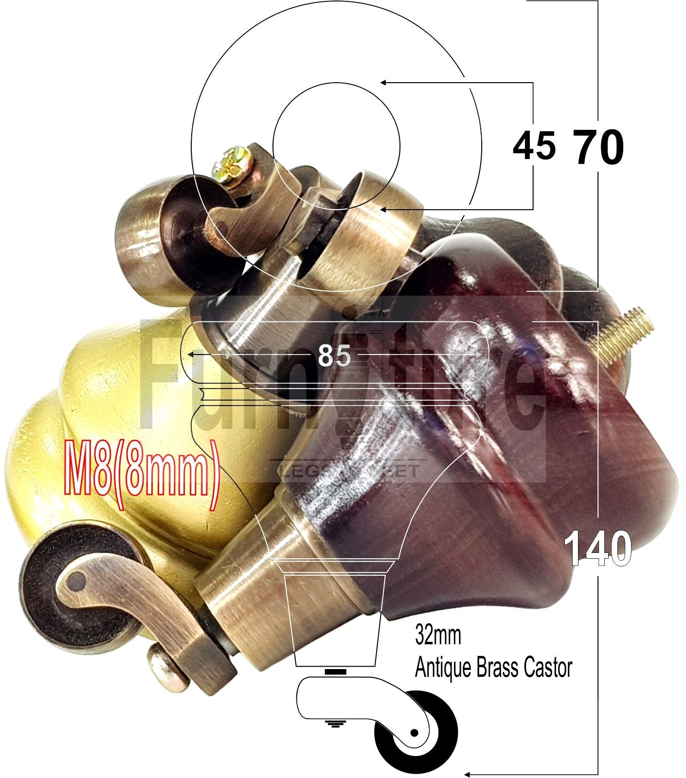 4x Turned Furniture Wood Feet With Antique Brass Castors 140mm Sofas Chairs Settee Cabinets Beds M8(8mm)
