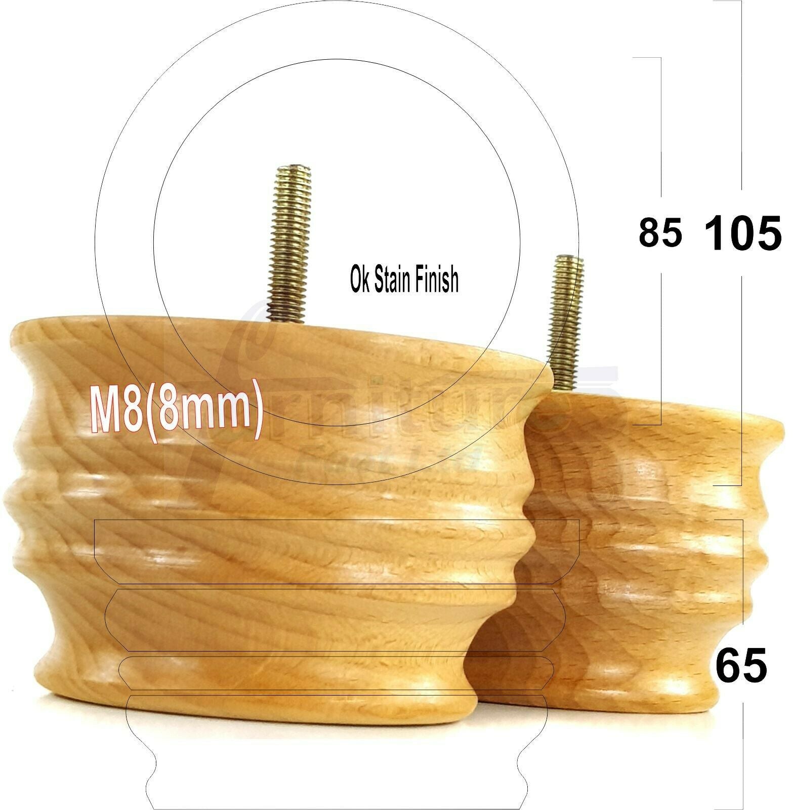 4x Turned Wooden Furniture Replacement Legs 65mm High 8mm Tread