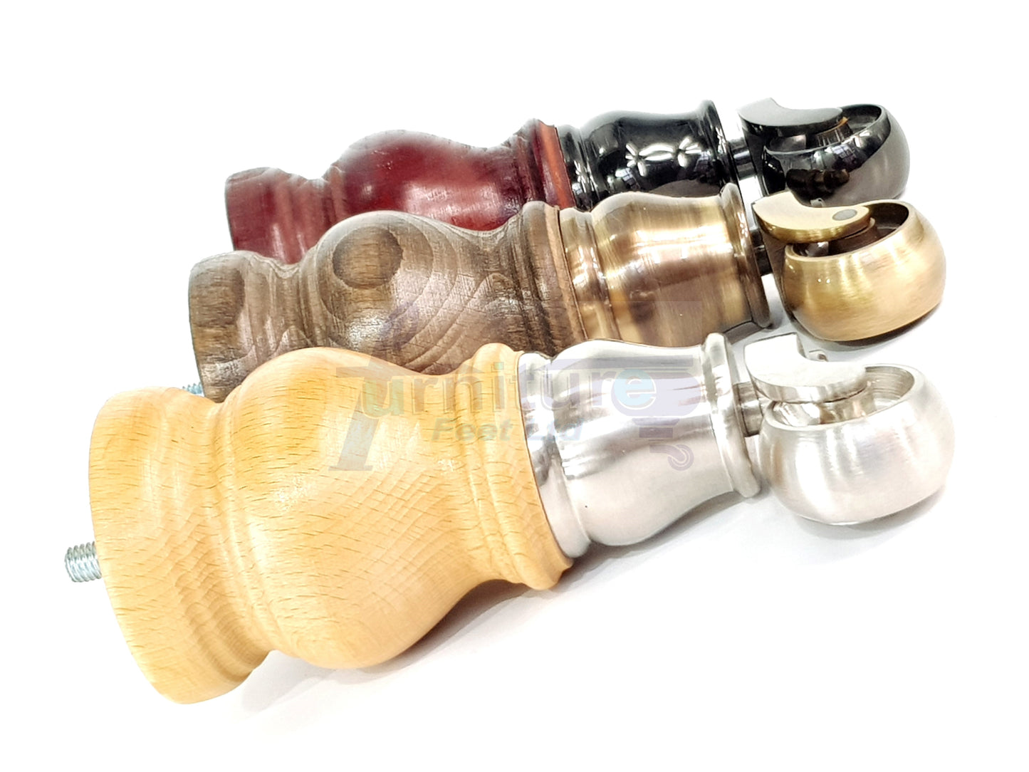 Set Of 4 Turned Wood Furniture Legs With Brushed Chrome Castor 140mm High M8(8mm) For Chairs Settees & Cabinets