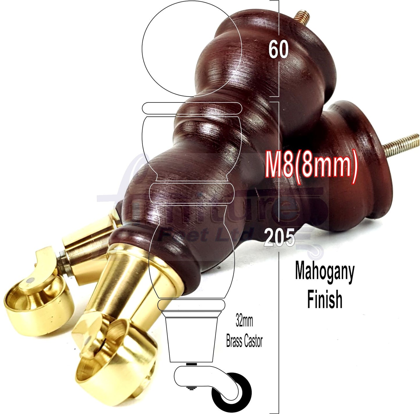 Solid Wood Furniture Feet With Castors Set of 4 Legs 205mm High For Sofas Chairs Cabinets & Beds M8 Mahogany Finish