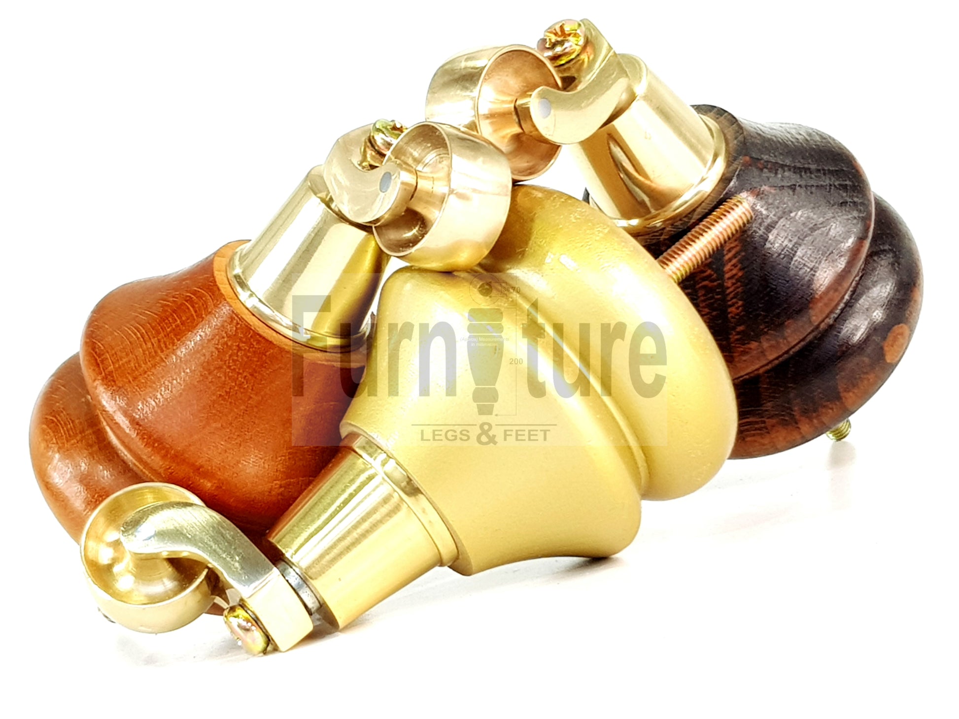 4x Turned Furniture Wood Feet With Brass Castors 140mm Sofas Chairs Settee Cabinets Beds M8(8mm)