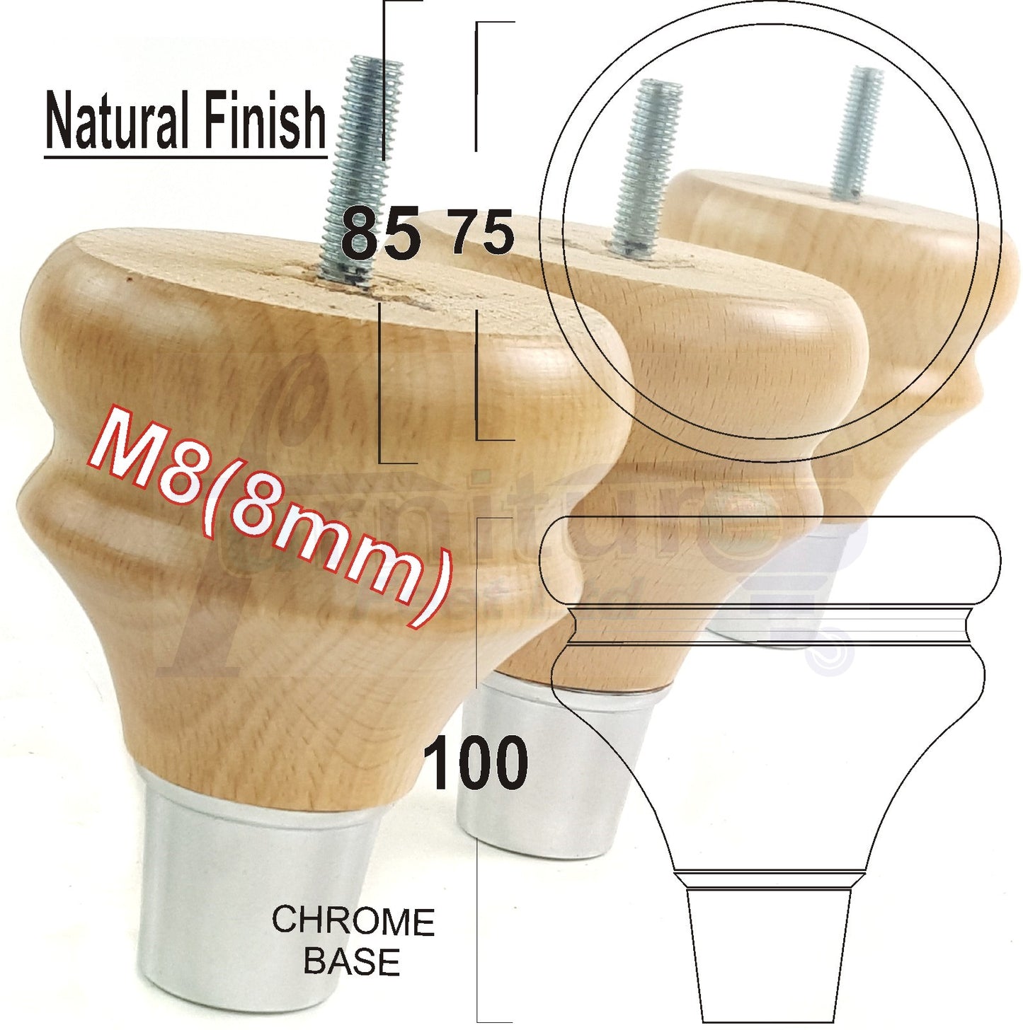 4x Turned Wood Furniture Feet M8(8mm) With A Chrome Slipper Cup Chair Sofa Settee Legs 100mm