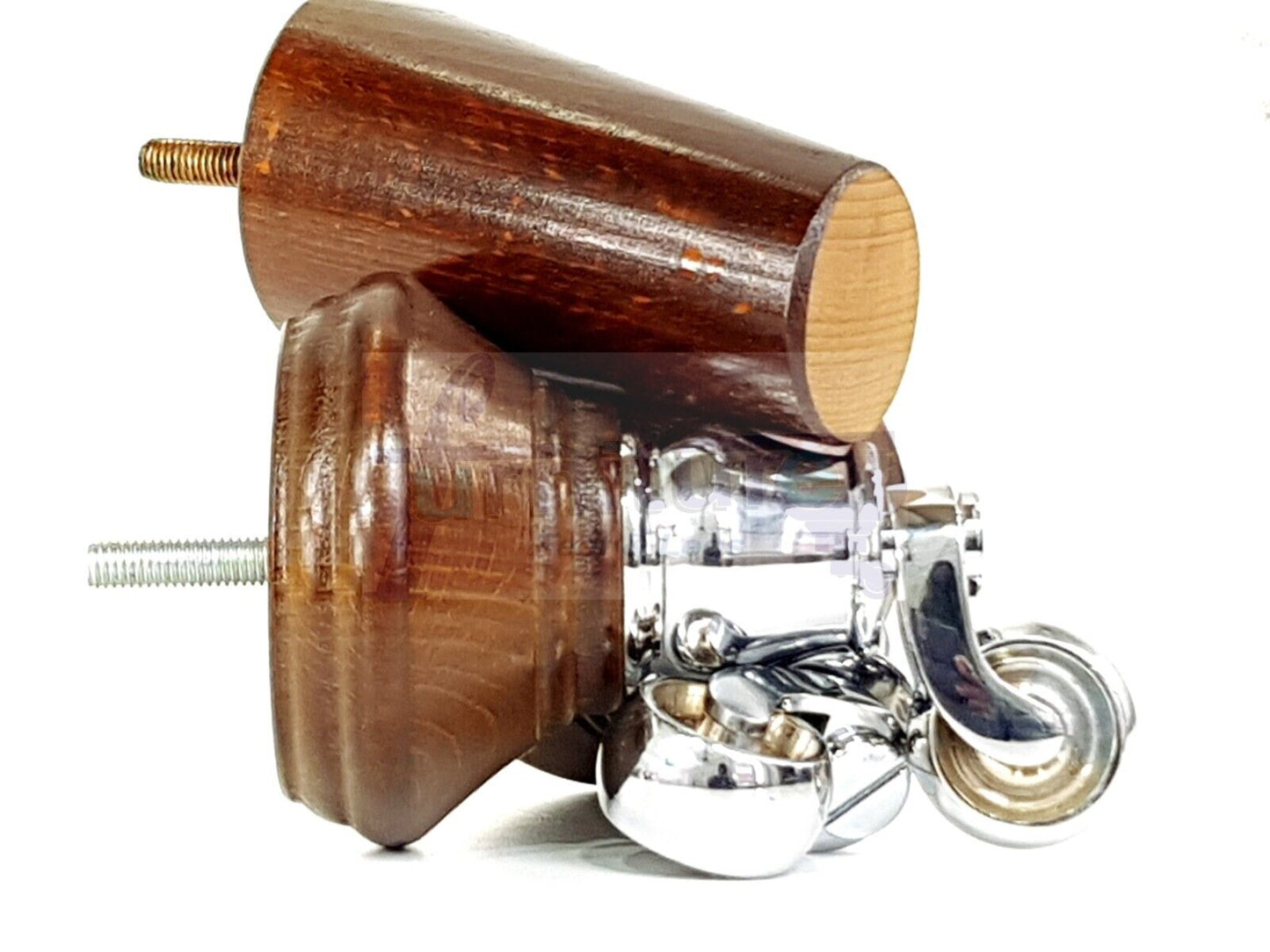 2 Antique Brown Wood Furniture Sofa Legs With Castor 125mm & 2 Angled Back Feet Chair Settee 100mm High M8