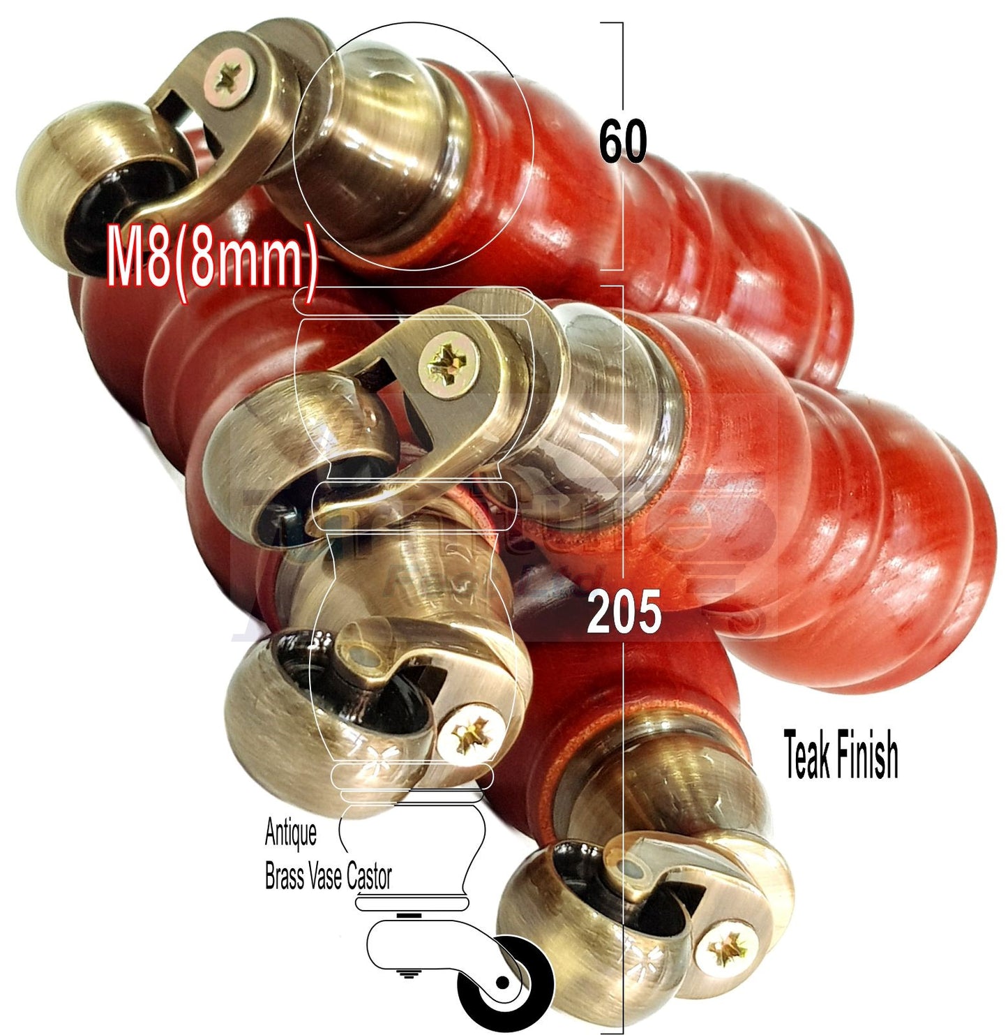 Solid Wood Furniture Feet With Castors Set of 4 Legs 205mm High For Sofas Chairs Stools Cabinets & Beds M8