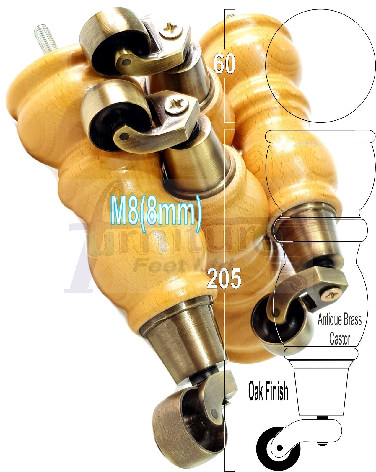 Solid Wood Furniture Feet With Castors Set of 4 Legs 205mm High For Sofas Chairs Stools Cabinets & Beds M8