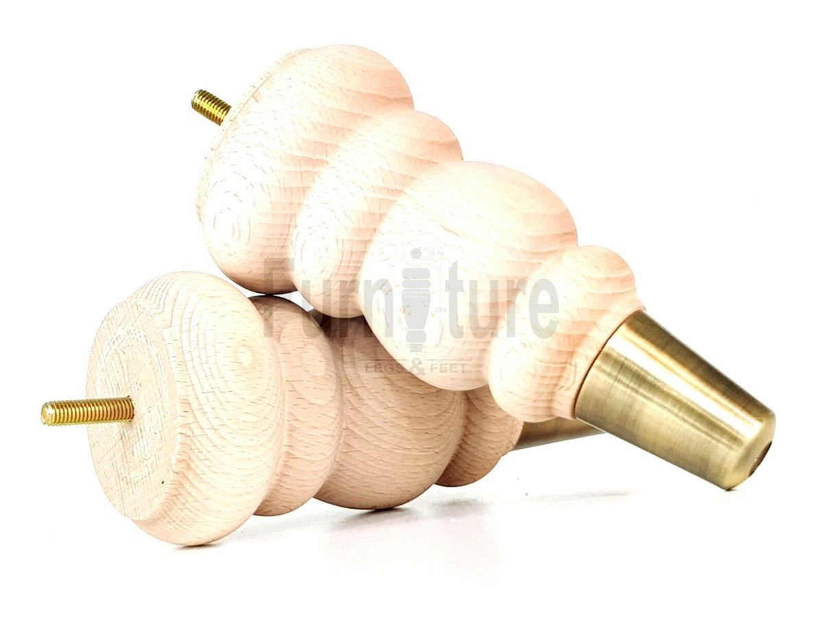 4x Round and Turned Wood Furniture Legs With Brass Slipper Cups Replacement Feet 185mm High 8mm Thread