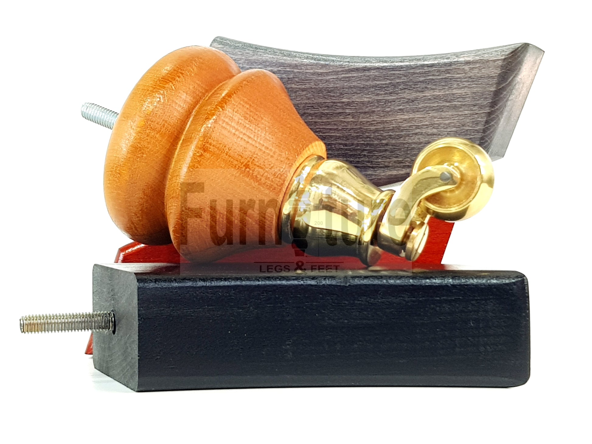 Turned Wood Furniture Feet 2 With Brass Castors 140mm & 2 Curved Back Legs Sofas Cabinets Beds 8mm Thread