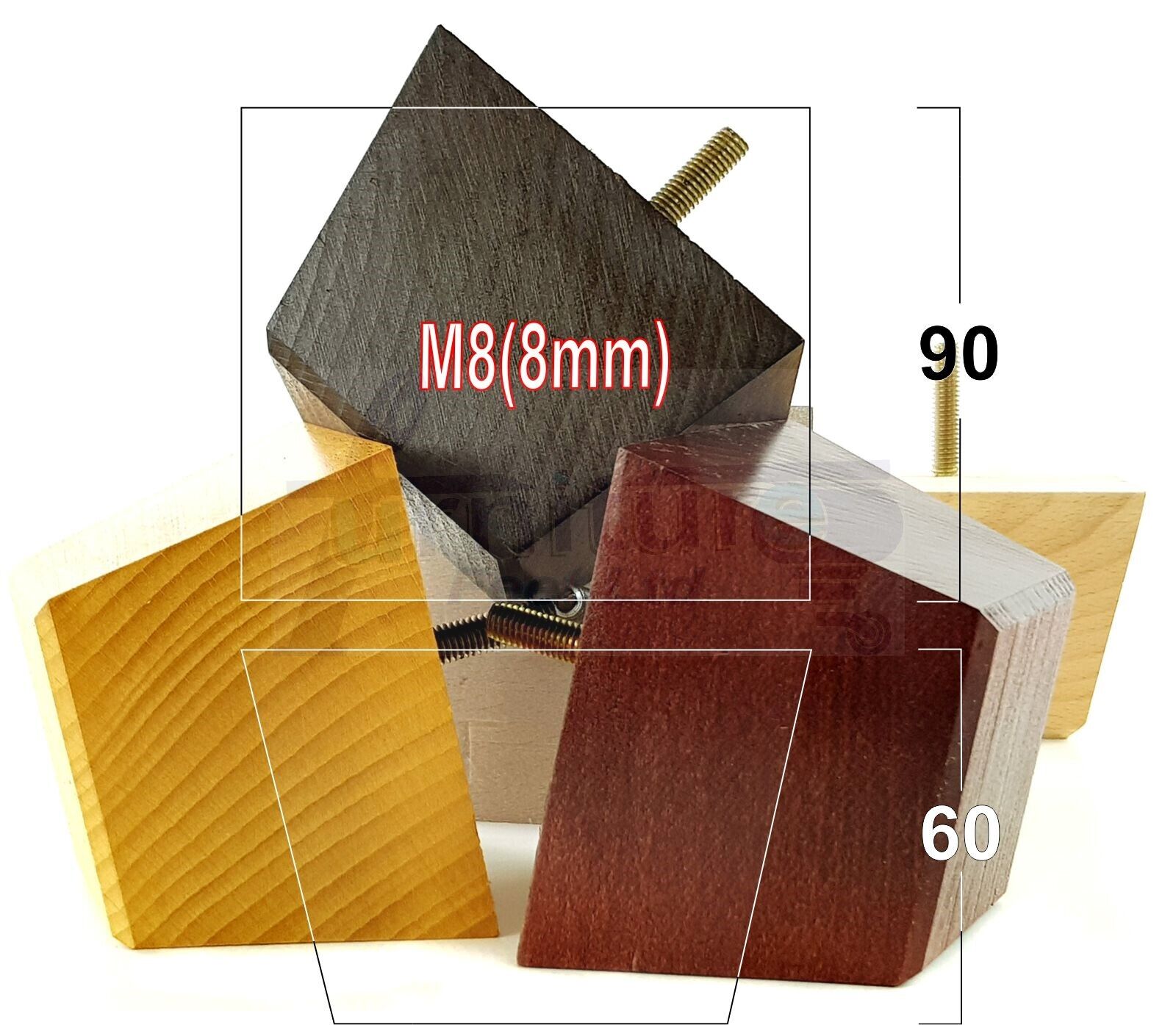 4x Square Wood Sofa Legs 60mm High Replacement Furniture Feet Chairs Cabinets M8 