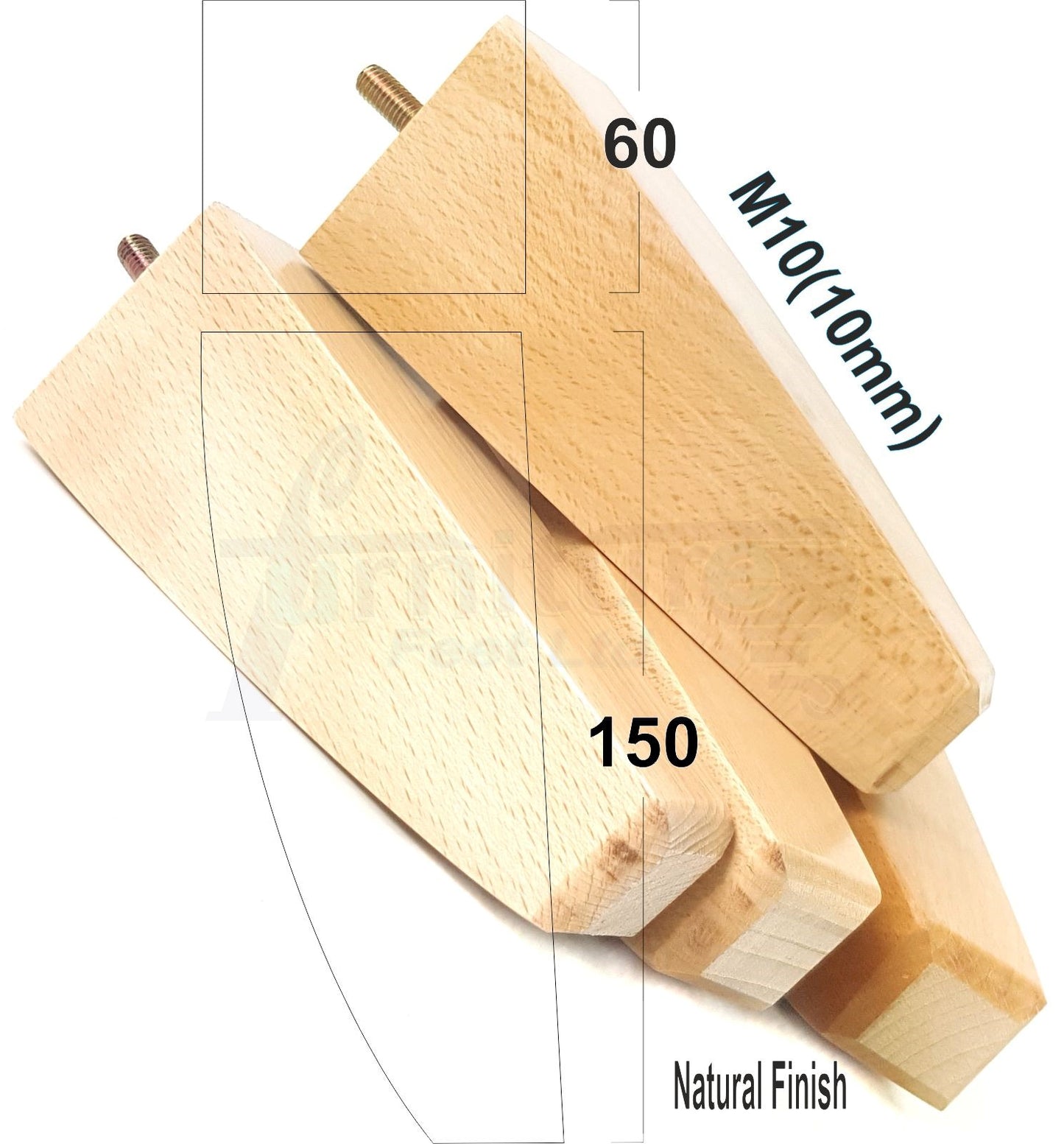 4x Tapered Square Furniture Legs Sofa Feet M10 Thread for Chairs, Settees 150mm High