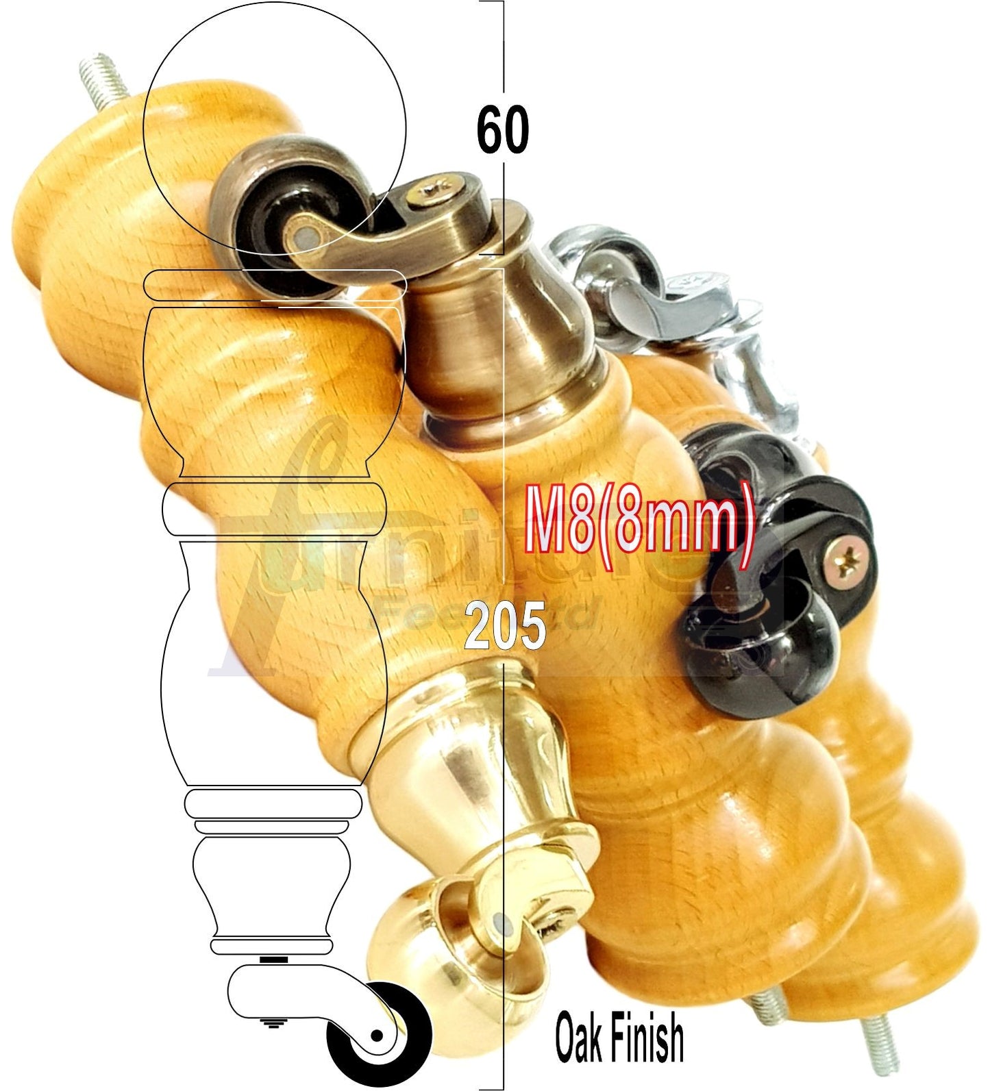 Solid Wood Furniture Feet With Castors Set of 4 Legs 205mm High For Sofas Chairs Stools Cabinets & Beds M8