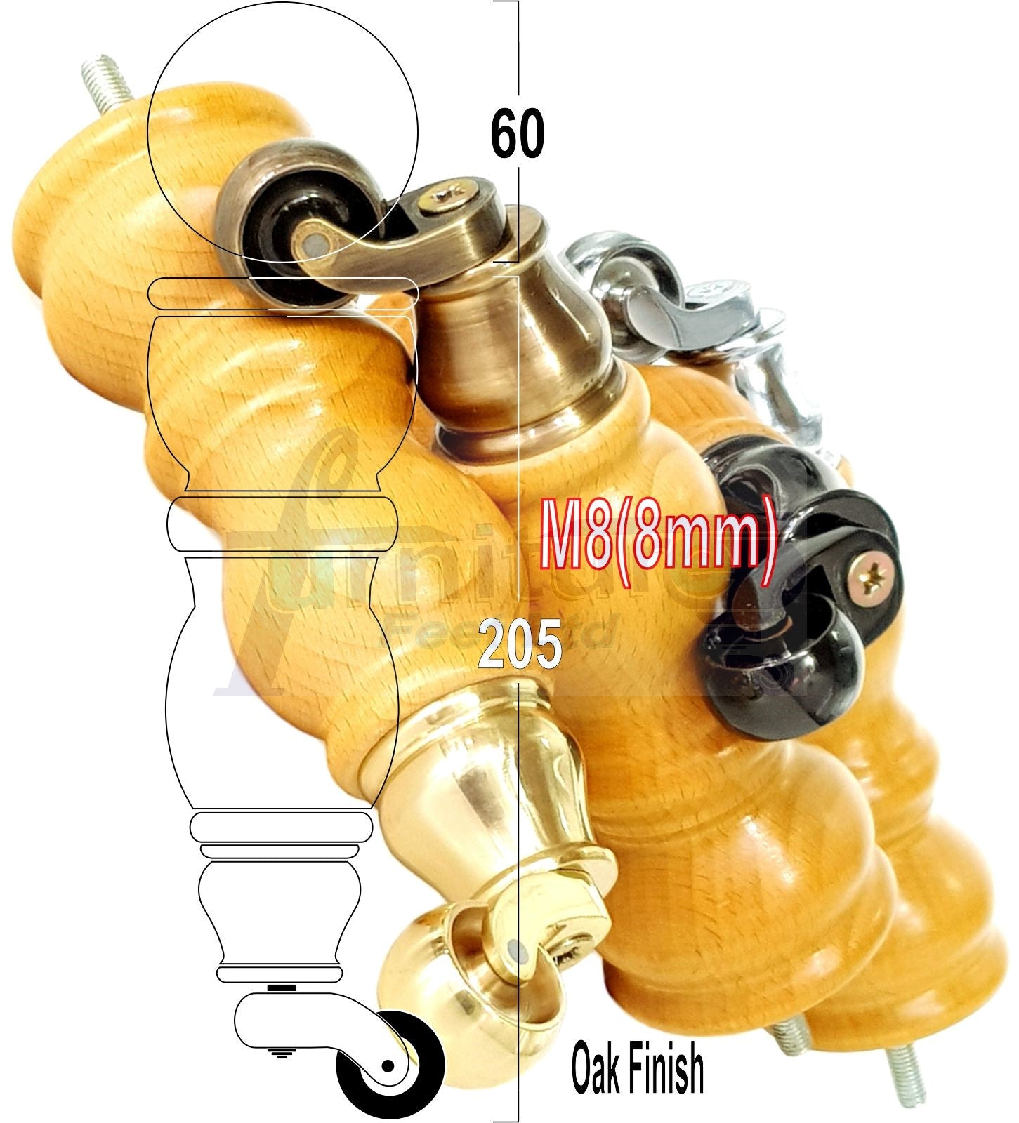 Solid Wood Furniture Feet With Castors Set of 4 Legs 205mm High For Sofas Chairs Stools Cabinets & Beds M8