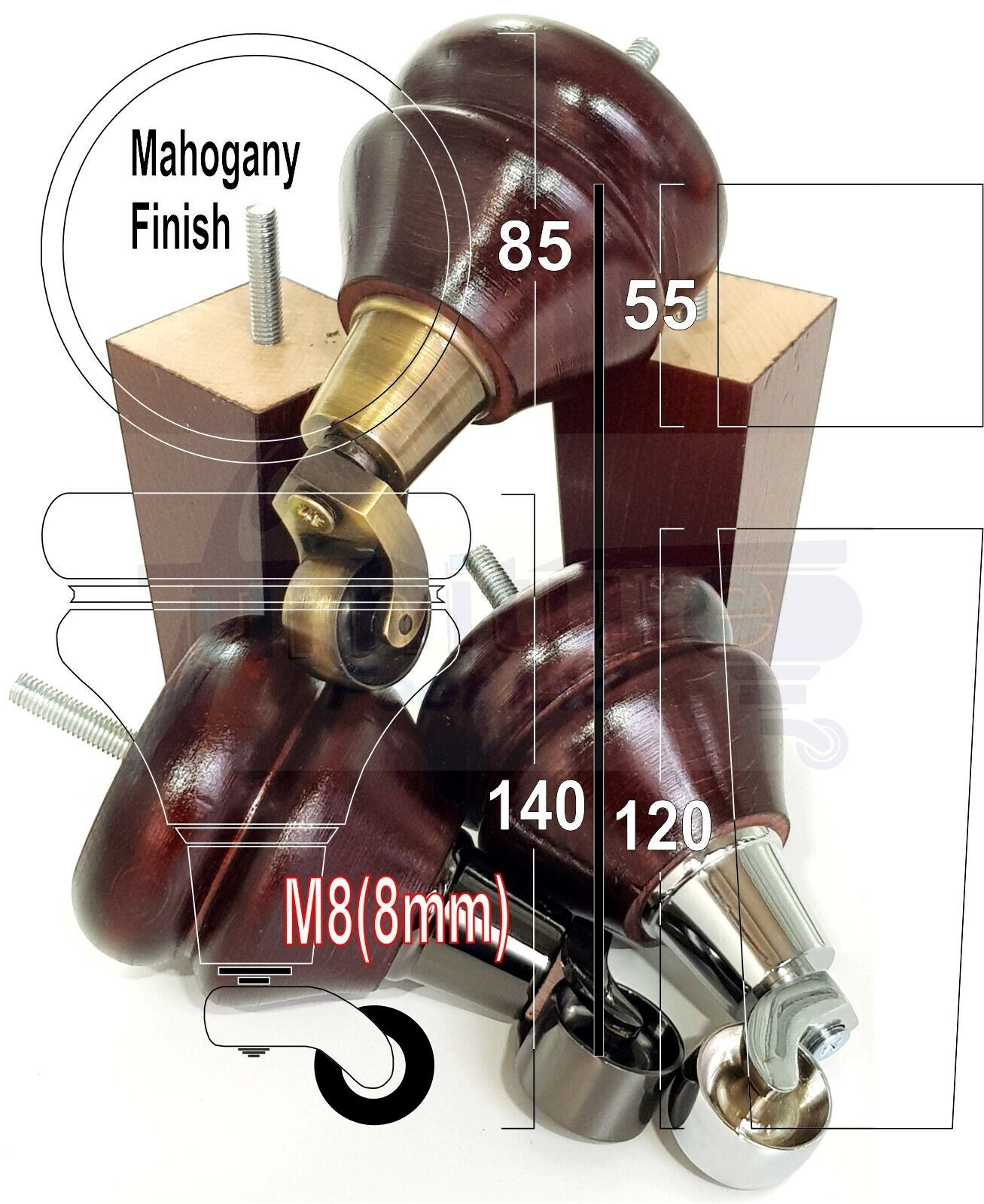 Turned Wood Furniture Feet 2 With Castors 140mm & 2 Curved Back Legs Sofas Chairs Cabinets Beds M8