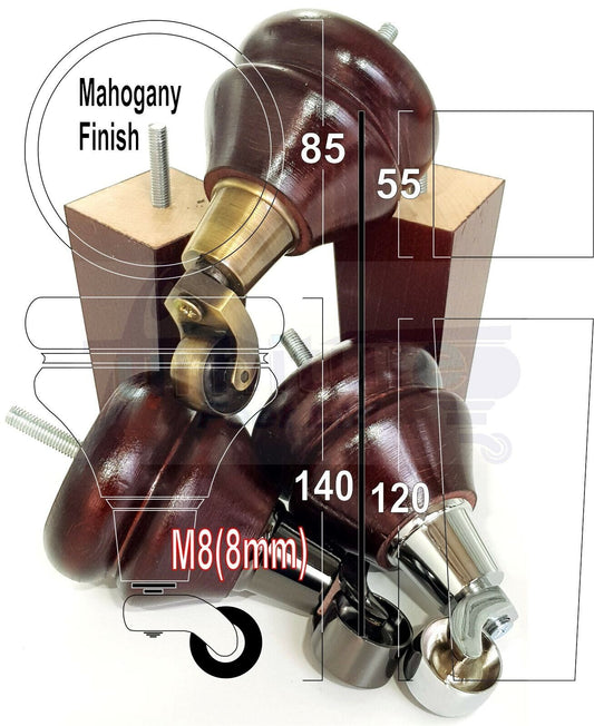 Turned Wood Furniture Feet 2 With Castors 140mm & 2 Curved Back Legs Sofas Chairs Cabinets Beds M8