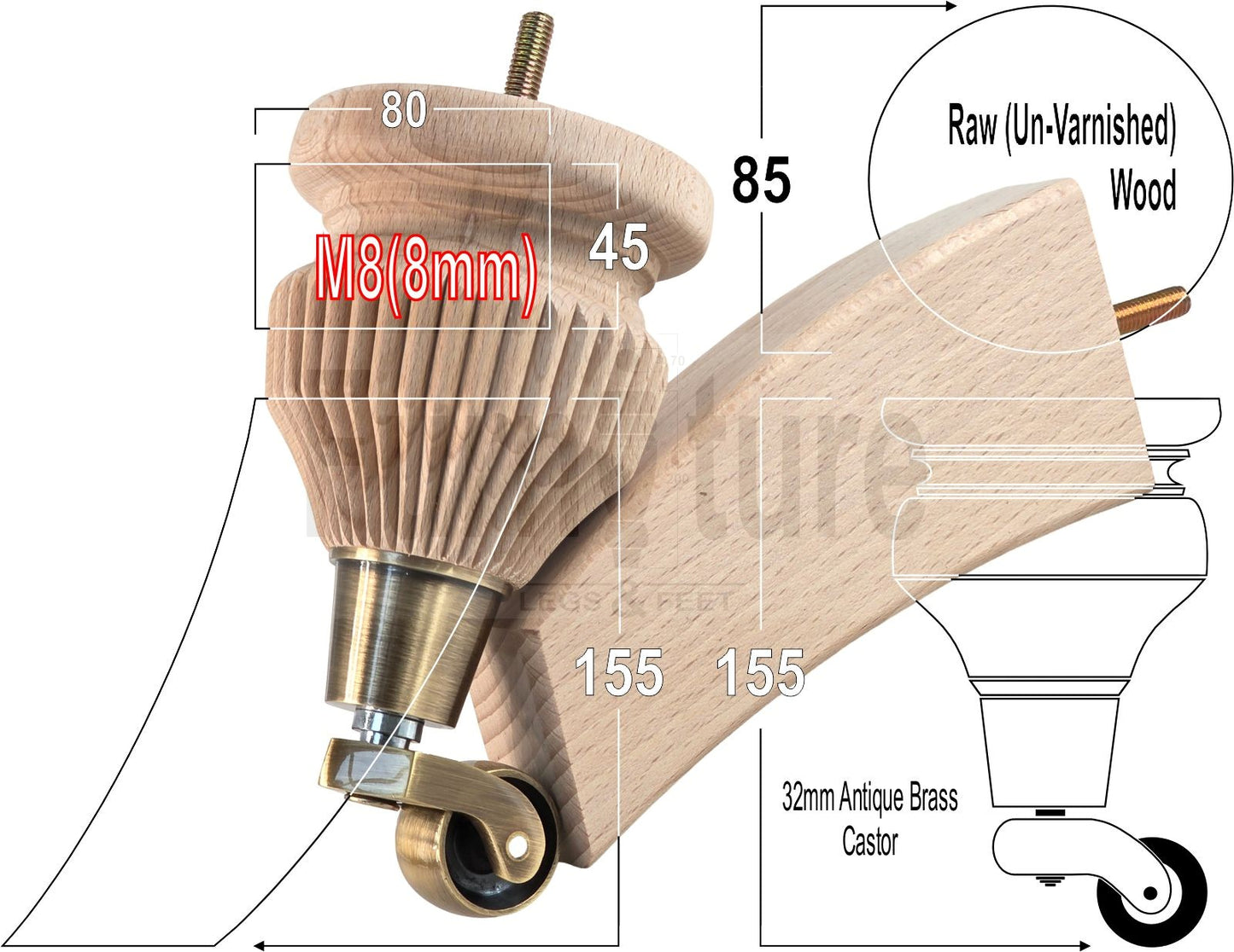 Solid Wood Replacement Furniture Legs 6 Inches with 2x Castors and 2x Back Feet 155mm High M8 Dowl Fixing - Raw Wood