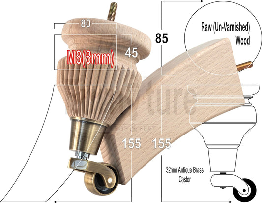 Solid Wood Replacement Furniture Legs 6 Inches with 2x Castors and 2x Back Feet 155mm High M8 Dowl Fixing - Raw Wood