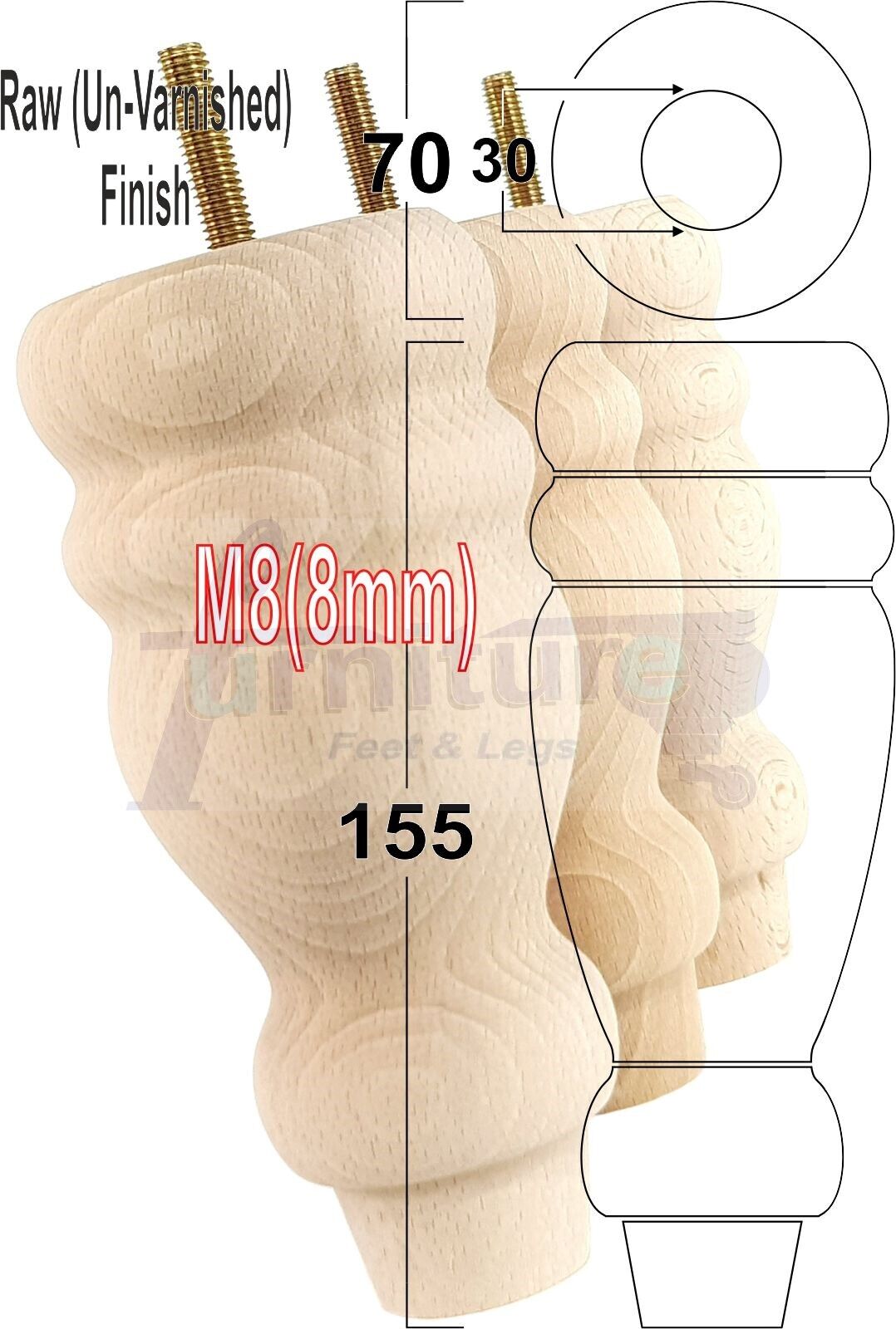 Set Of 4 Turned Wood Furniture Replacement Feet 155mm High 8mm Tread