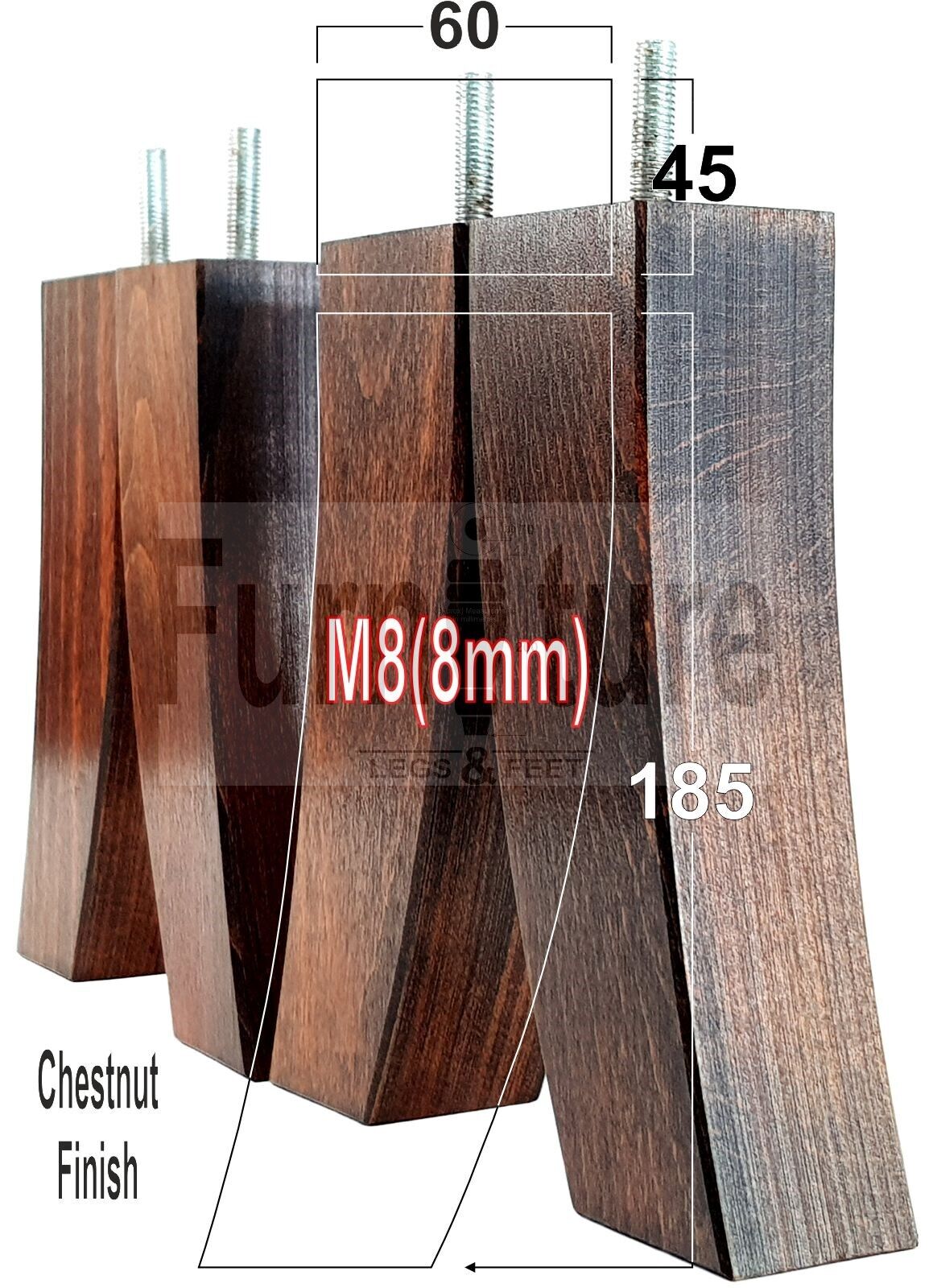 Set Of 4 Solid Wood Curved Furniture Feet Replacement Legs 185mm High M8(8mm)