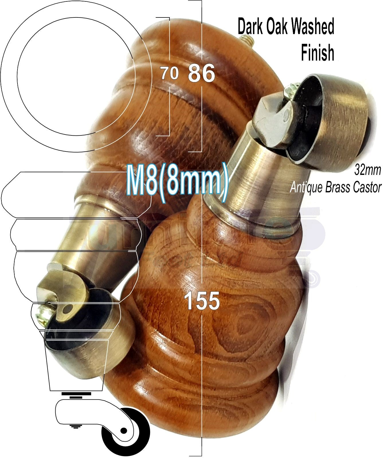 4 Turned Wood Furniture Feet With Antique Brass Castors 155mm Legs Sofas Chairs Stools Cabinets Beds M8 6 Inches