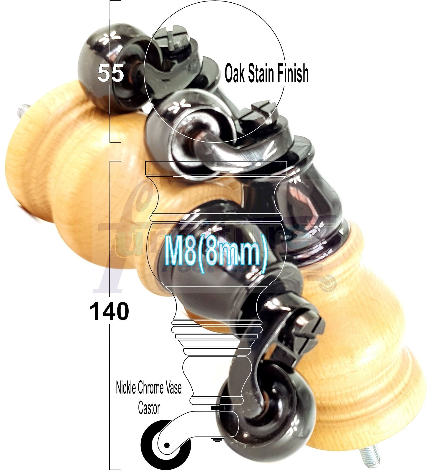 Set Of 4 Turned Wood Furniture Legs With 150mm High Castor 8mm Thread For Chairs Settees & Cabinets Oak Stain Finish
