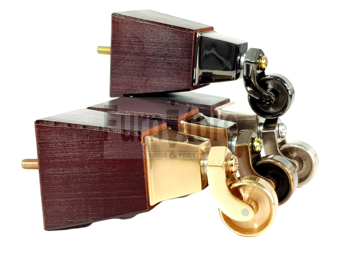 4x Block Wood Furniture Legs With Castor 8mm Thread For Chairs Settees Sofa 150mm High Mahogany