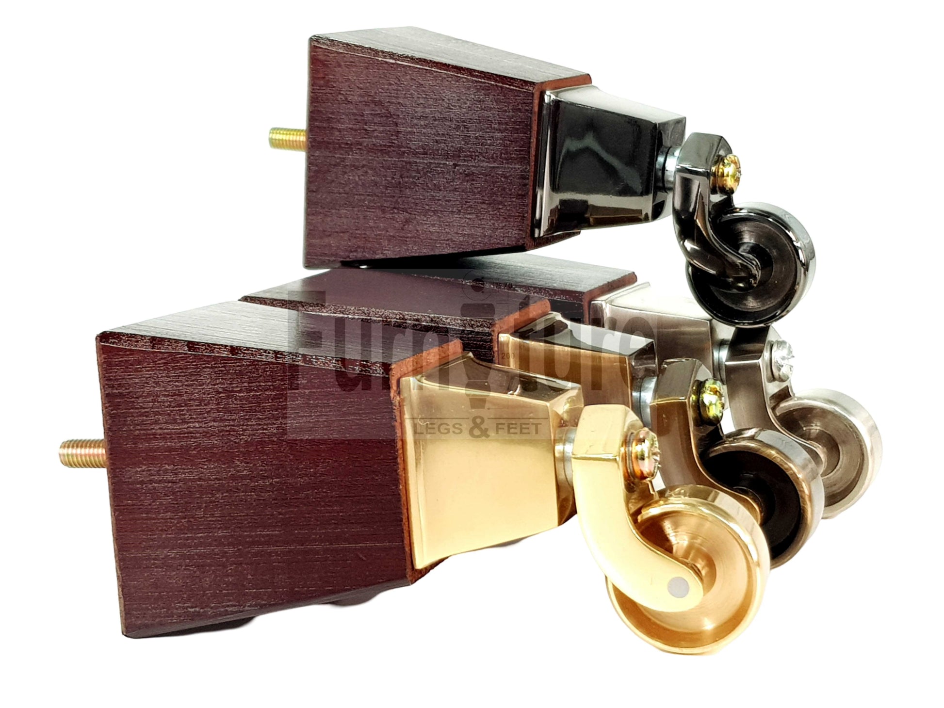 4x Block Wood Furniture Legs With Castor 8mm Thread For Chairs Settees Sofa 150mm High Mahogany