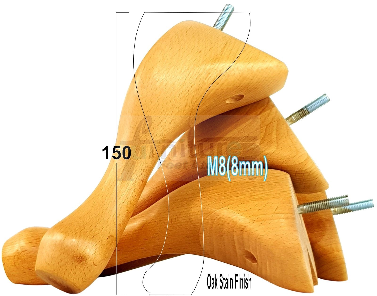 4 Solid Wood Furniture Feet 150mm High Queen Anne Replacement Legs M8 (8mm) 6 Inches Chair Stools Bed Sofa Georgian Style