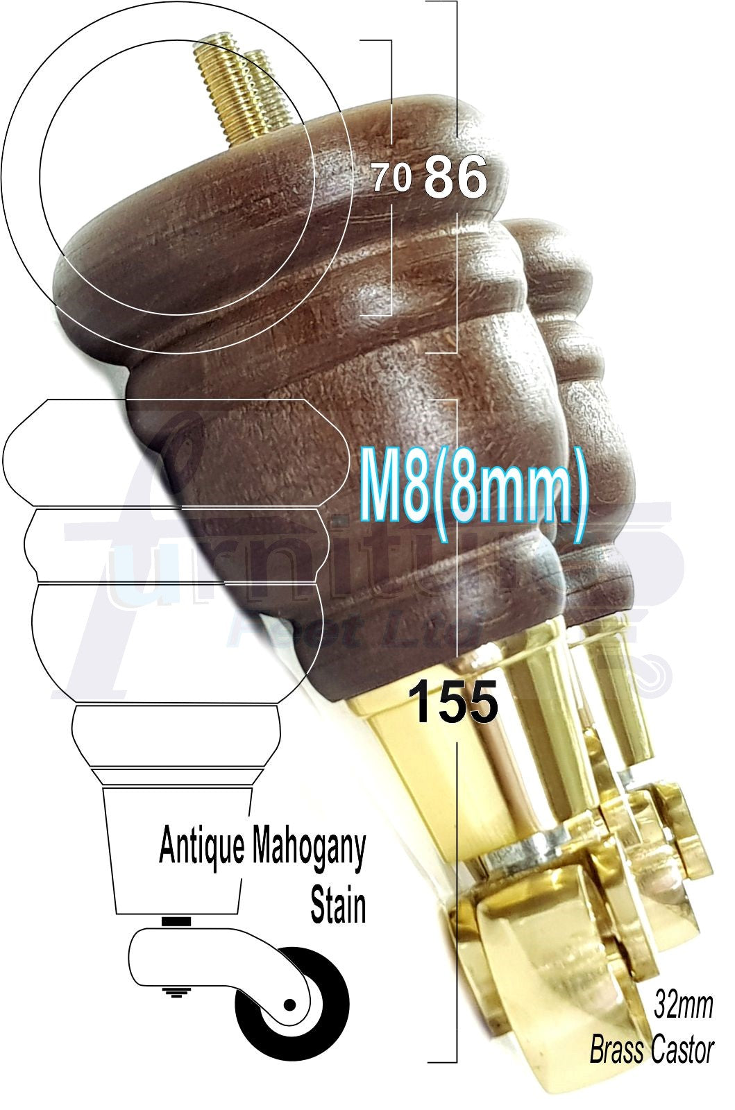 4 Turned Wood Furniture Feet With Brass Castors 155mm Legs Sofas Chairs Stools Cabinets Beds M8 6 Inches
