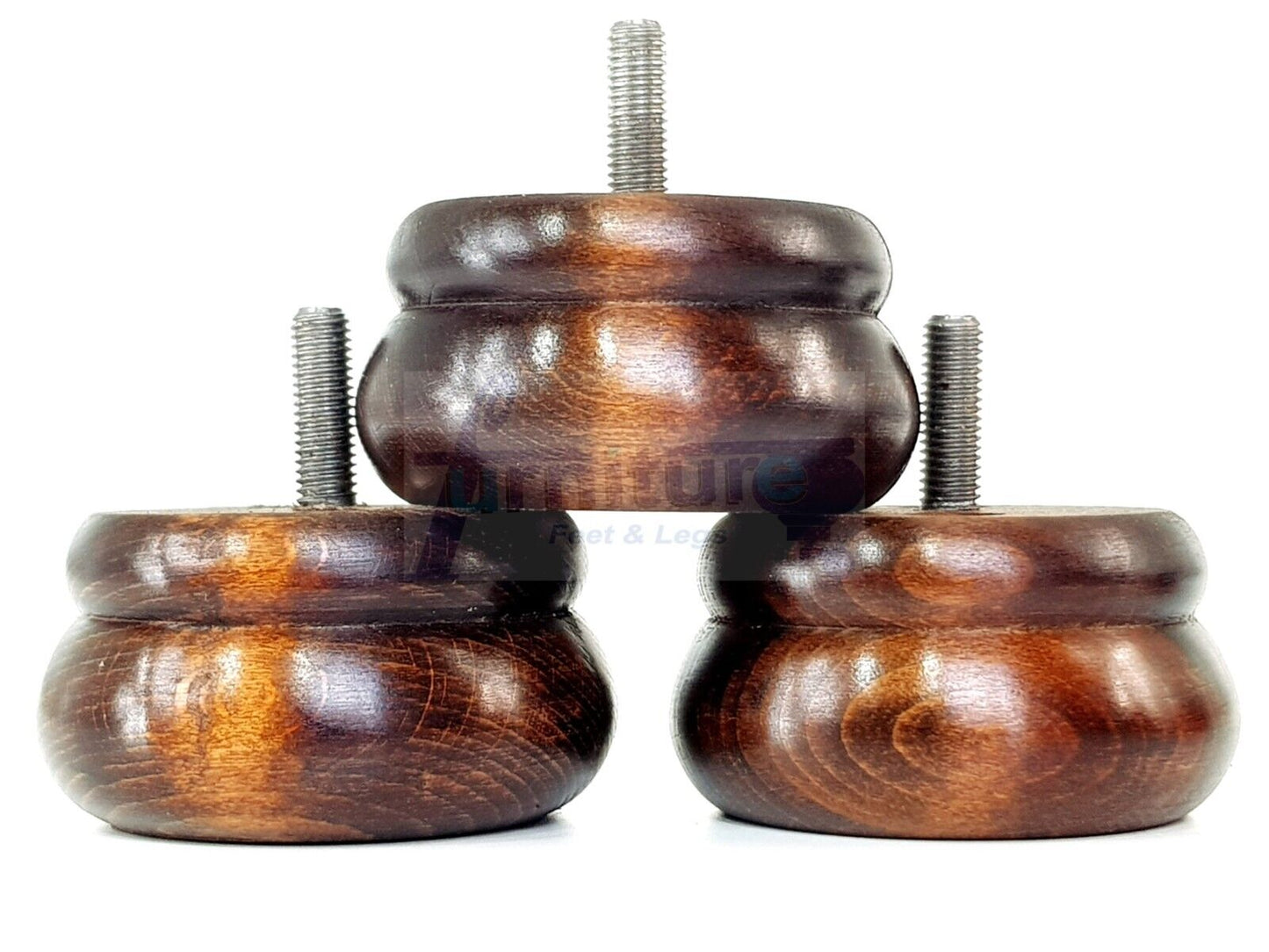 Set Of 4 Turned Wooden Furniture Legs Replacement Bun Feet 50mm High 8mm Thread