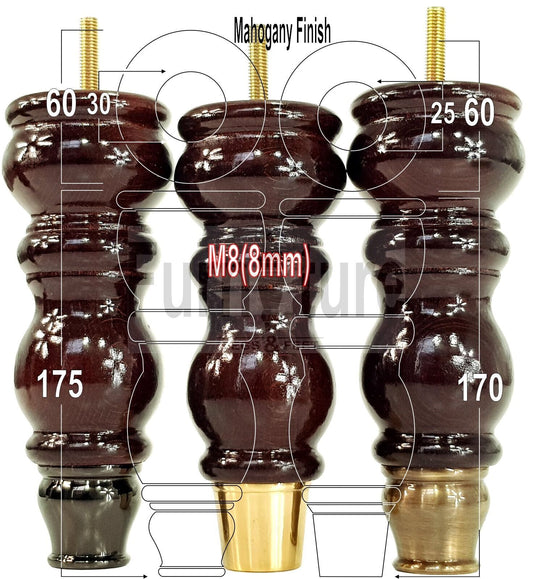 4x Furniture Feet With Slipper Cup 175mm High Legs Mahogany Finish Wood M8 Sofas Chairs Cabinets