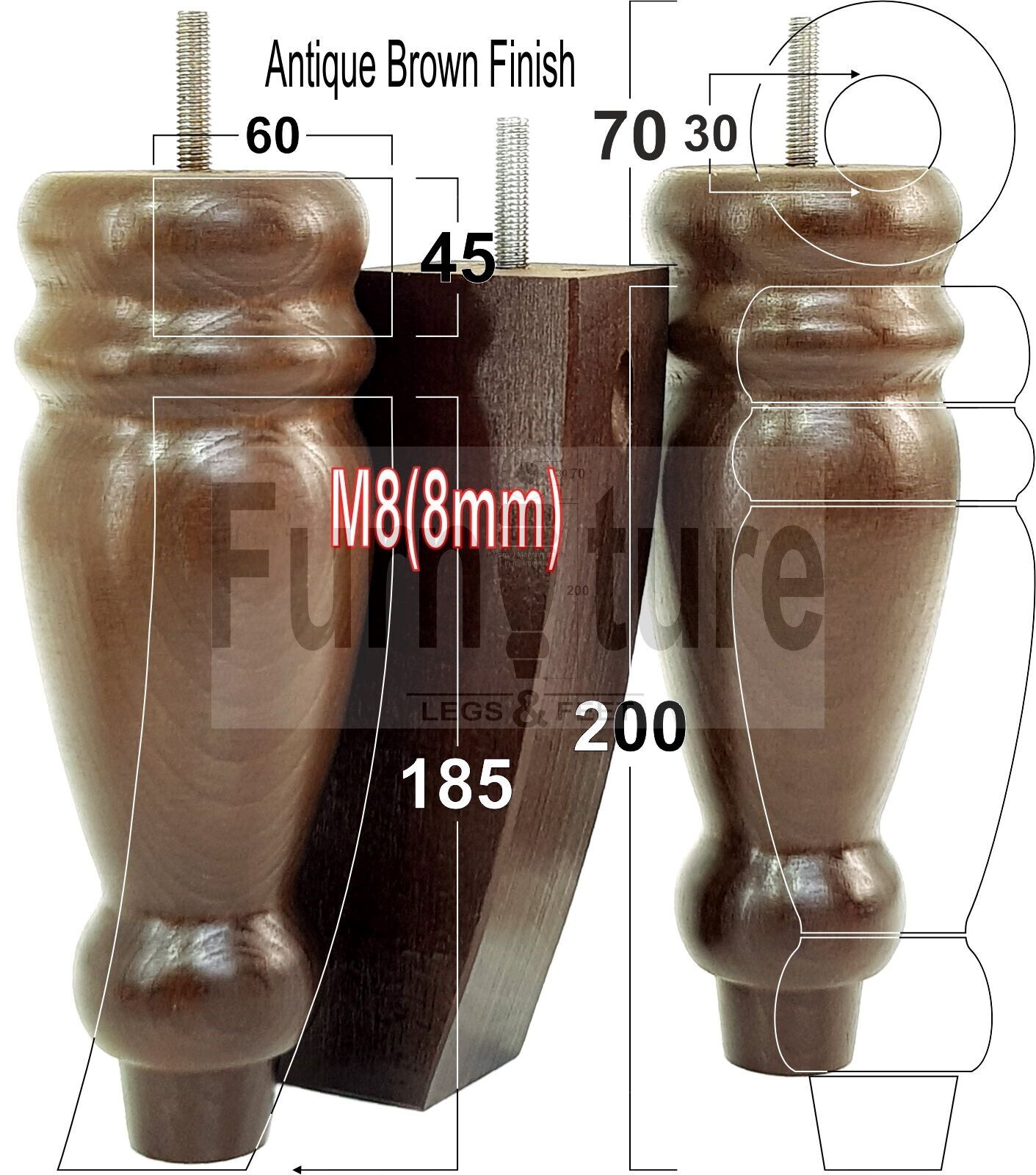 2 Traditional Turned Furniture Feet Replacement Sofa Legs 200mm & 2 Curved Back Legs 185mm for Chairs Stools Sofa Beds Settee Cabinets M8