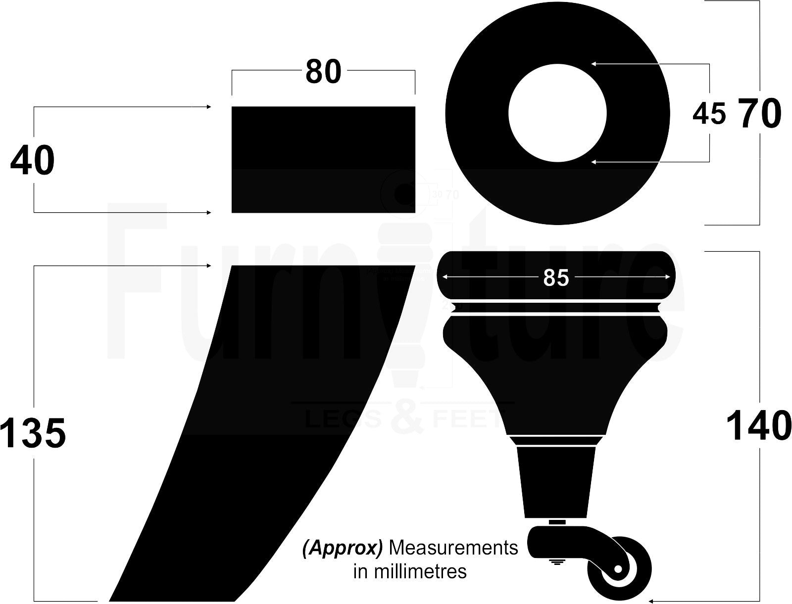 Turned Wood Furniture Feet 2 With Brass Castors 140mm & 2 Curved Back Legs Sofas Cabinets Beds 8mm Thread