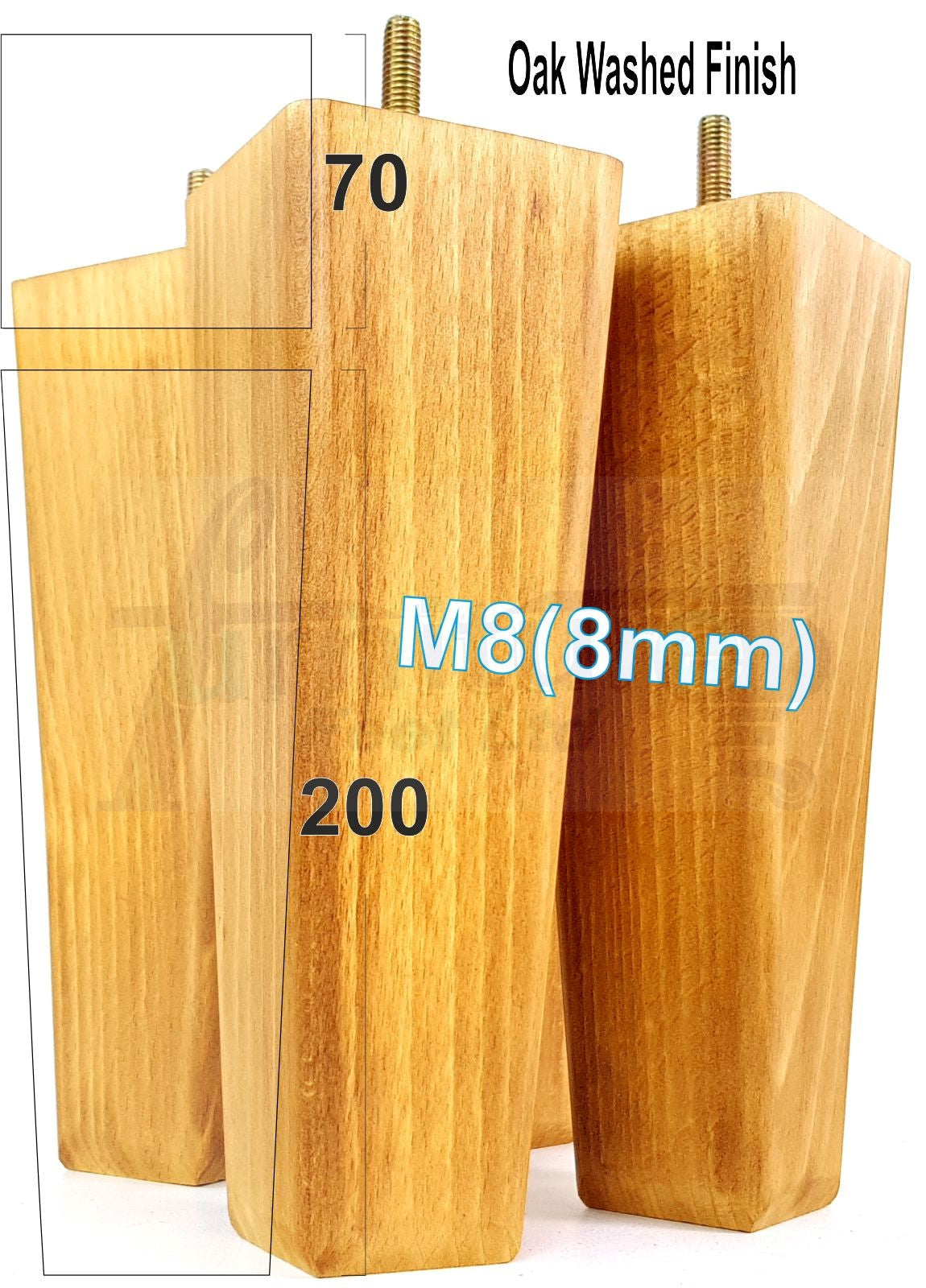4x Wooden Furniture Legs 200mm High Replacement Square Tapered Feet 8mm Thread