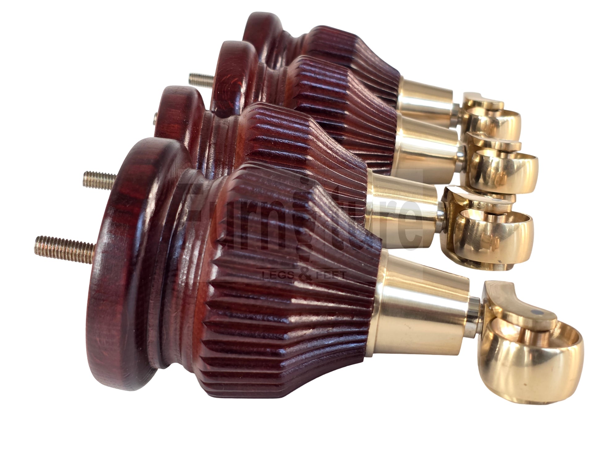 4 Wood Furniture Legs Replacement Feet 6 Inches with Castors 155mm High M8 Dowl Fixing - Mahogany Finish