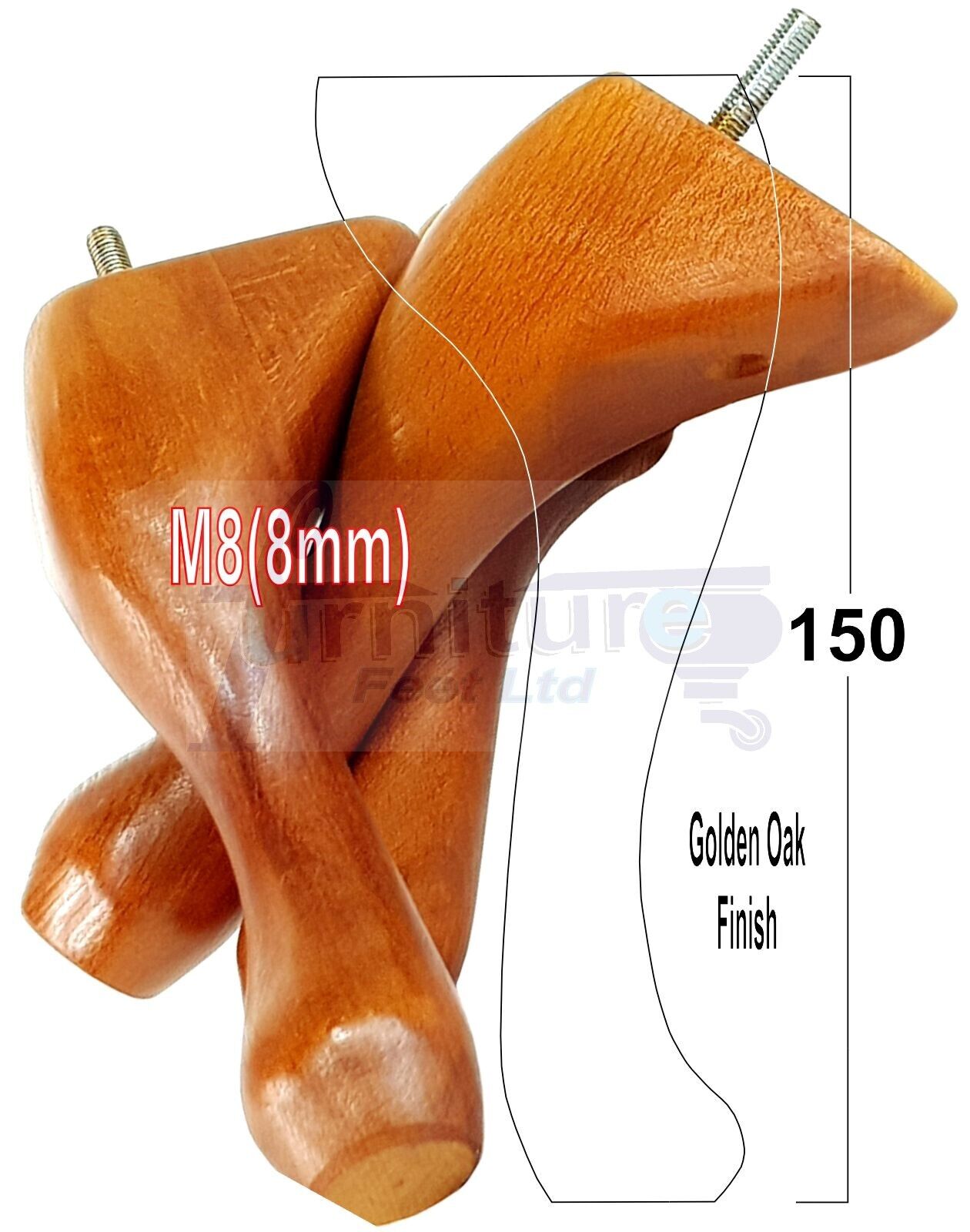 4 Solid Wood Furniture Feet 150mm High Queen Anne Replacement Legs M8 (8mm) 6 Inches Chair Stools Bed Sofa Georgian Style