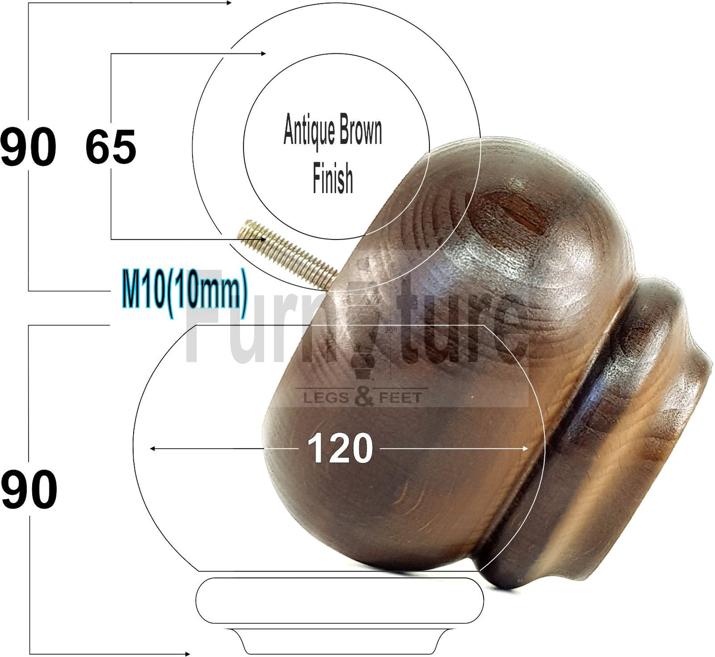  4 Turned Wooden Furniture Legs Replacement Feet 50mm High 10mm Thread For Settees, Chairs