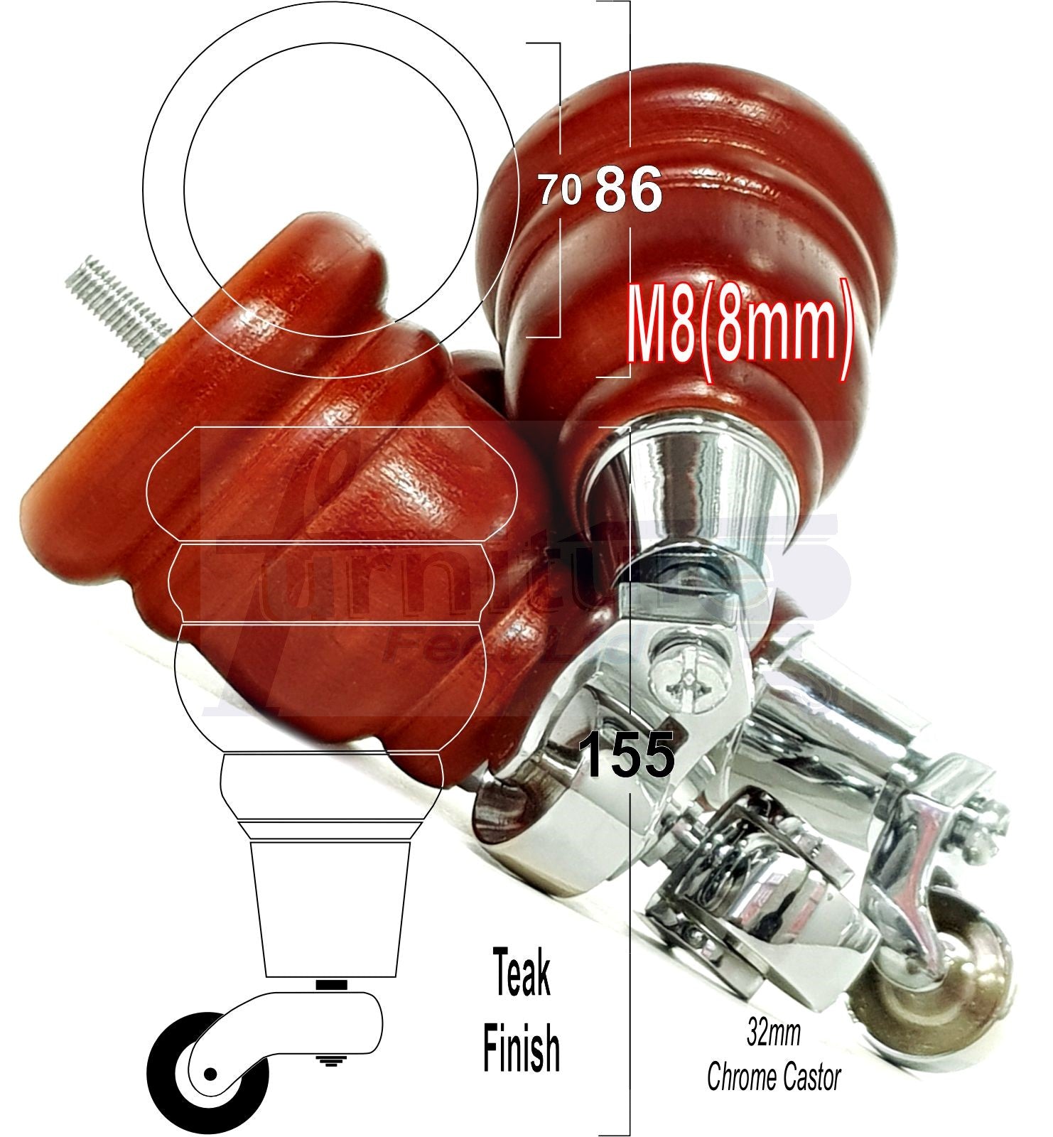 4 Turned Wood Furniture Feet With Chrome Castors 155mm Legs Sofas Chairs Stools Cabinets Beds M8 6 Inches