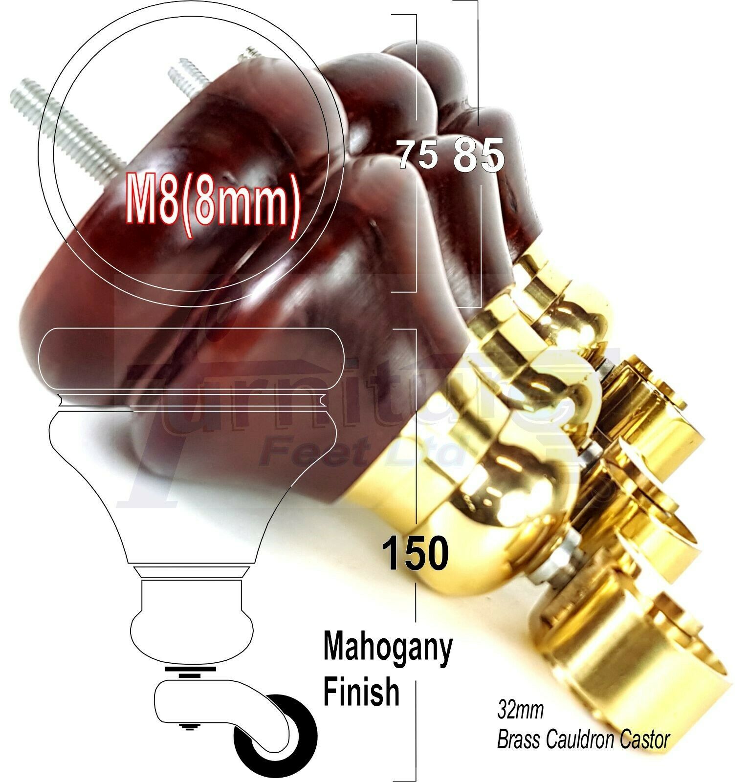 Set Of 2 Turned Furniture Wood Feet With Castors 140mm Sofas Chairs Settee Cabinets Beds M8(8mm)