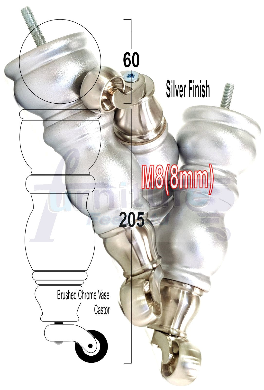 4x Furniture Feet With Castor 205mm High Legs Silver Wood M8 Sofas Chairs Stools Cabinets 8 Inches Tall