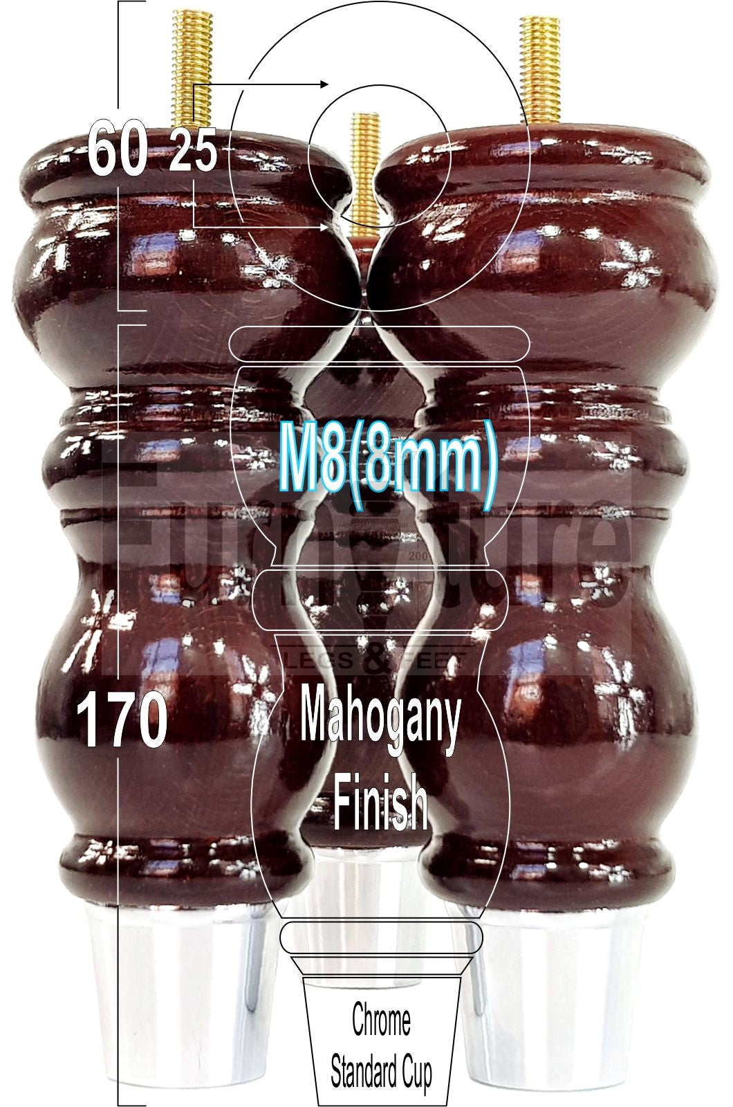 4x Furniture Feet With Slipper Cup 175mm High Legs Mahogany Finish Wood M8 Sofas Chairs Cabinets