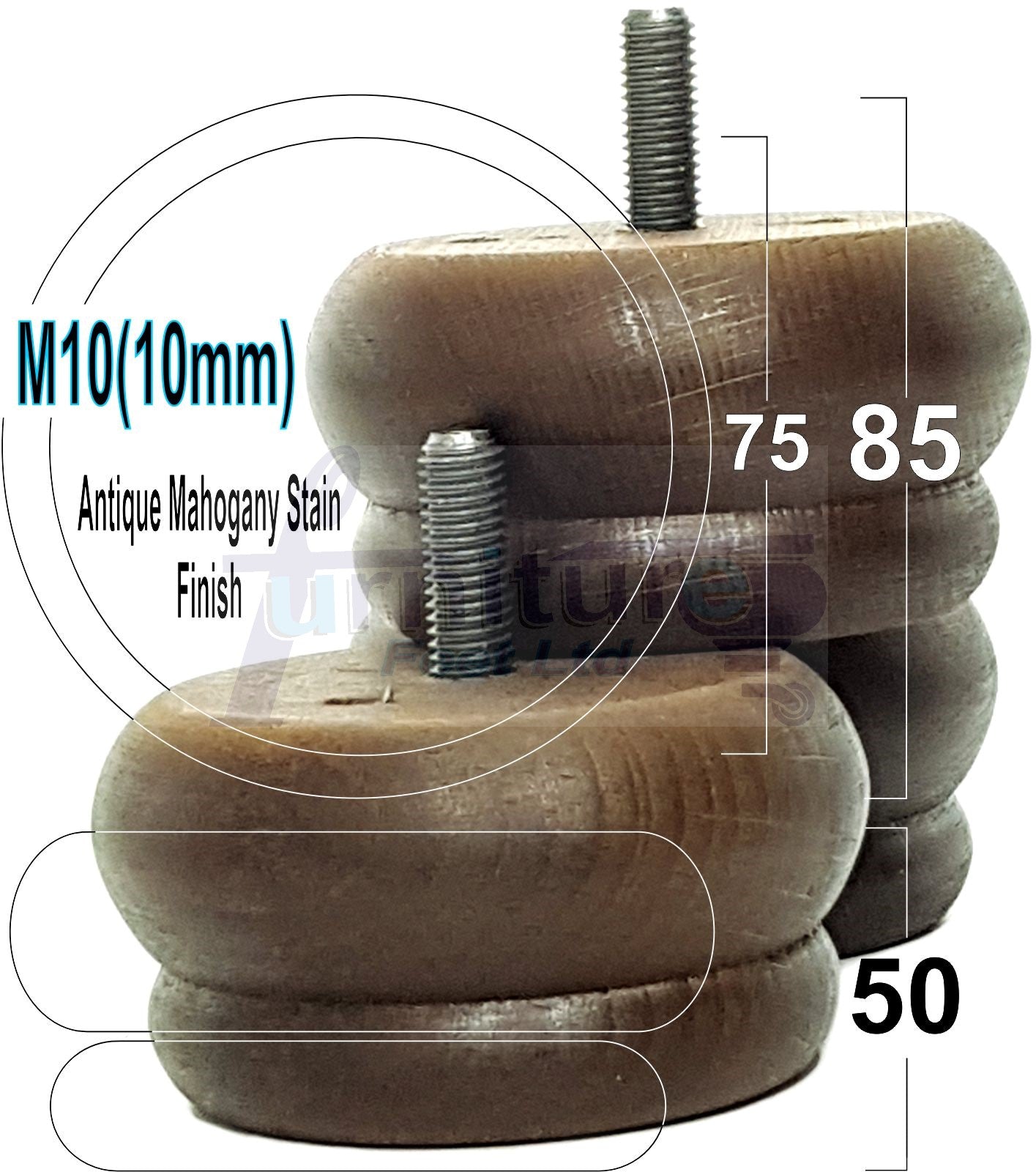 4 Wood Bun Feet Replacement Furniture Legs 50mm High M10 Thread Chairs Beds