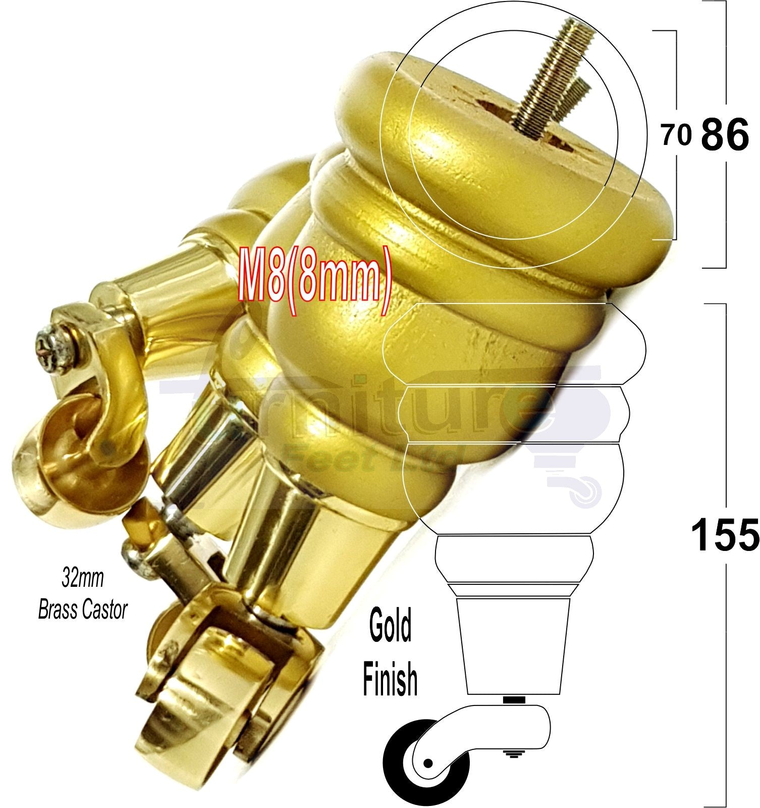 4 Turned Wood Furniture Feet With Brass Castors 155mm Legs Sofas Chairs Stools Cabinets Beds M8 6 Inches